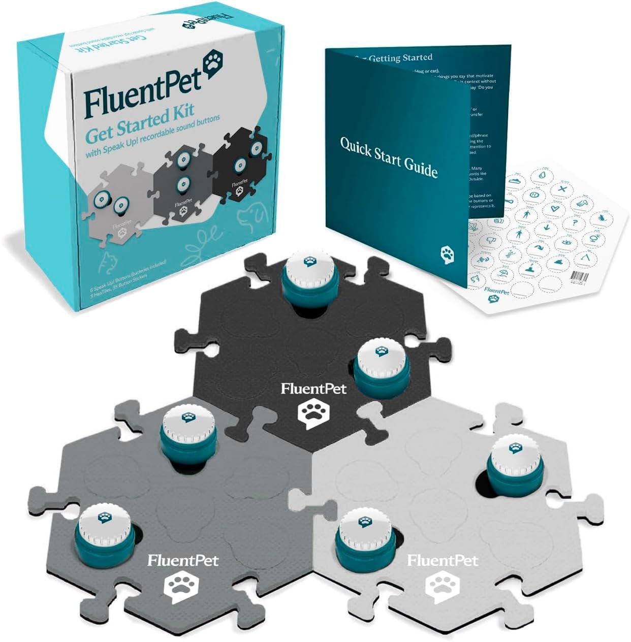 FluentPet Speak Up! Get Started Kit with Clearer Upward-Facing Sound - 6 Recordable Buttons for Dogs & 3 Grey HexTiles | Dog & Cat Communication Buttons Set | with Batteries