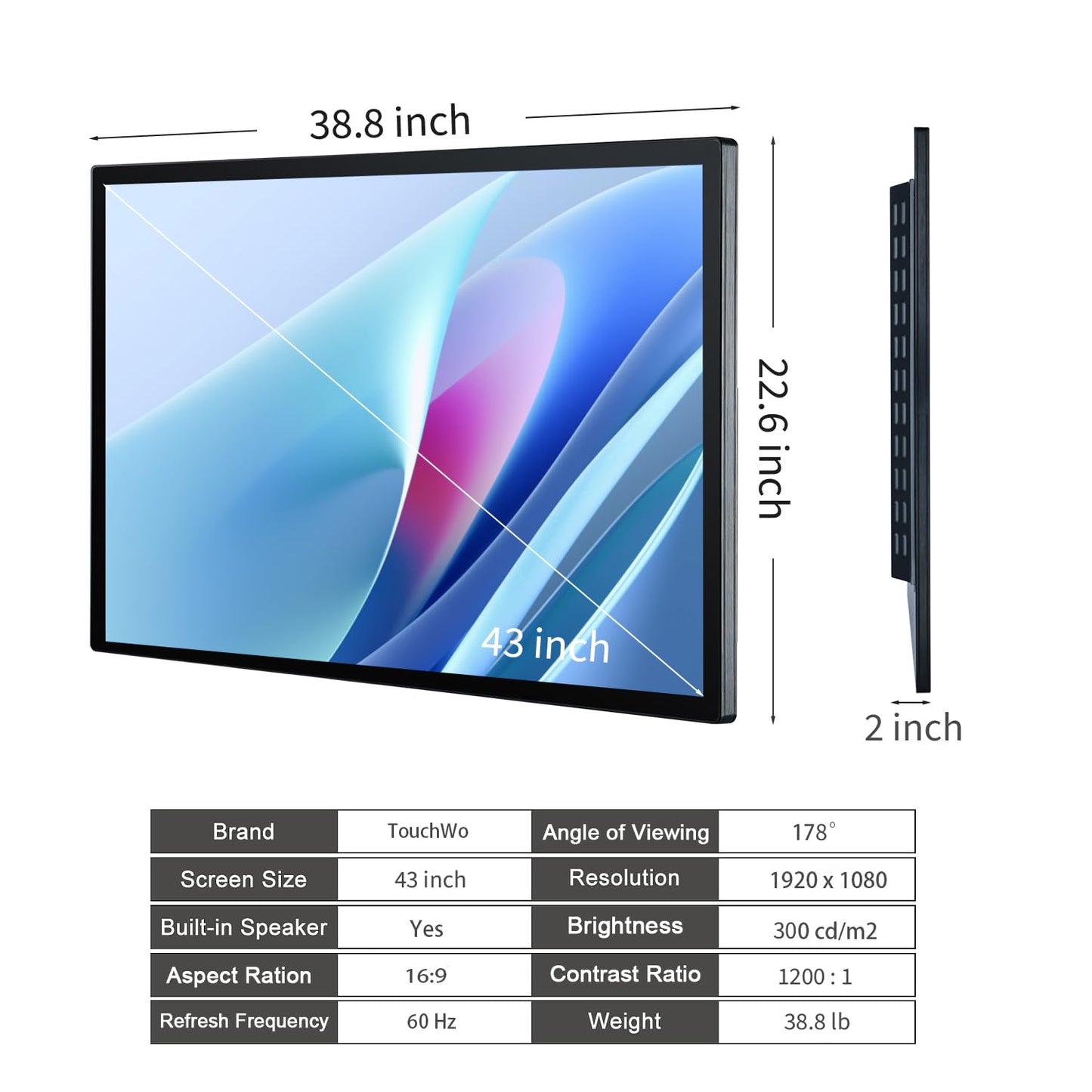 TouchWo 43 inch Interactive Touchscreen Monitor, Smart Board with 16:9 Display 1080P, Android 11 Touchscreen Electronic Whiteboard for Office and Classroom, RAM 2G & ROM 32G