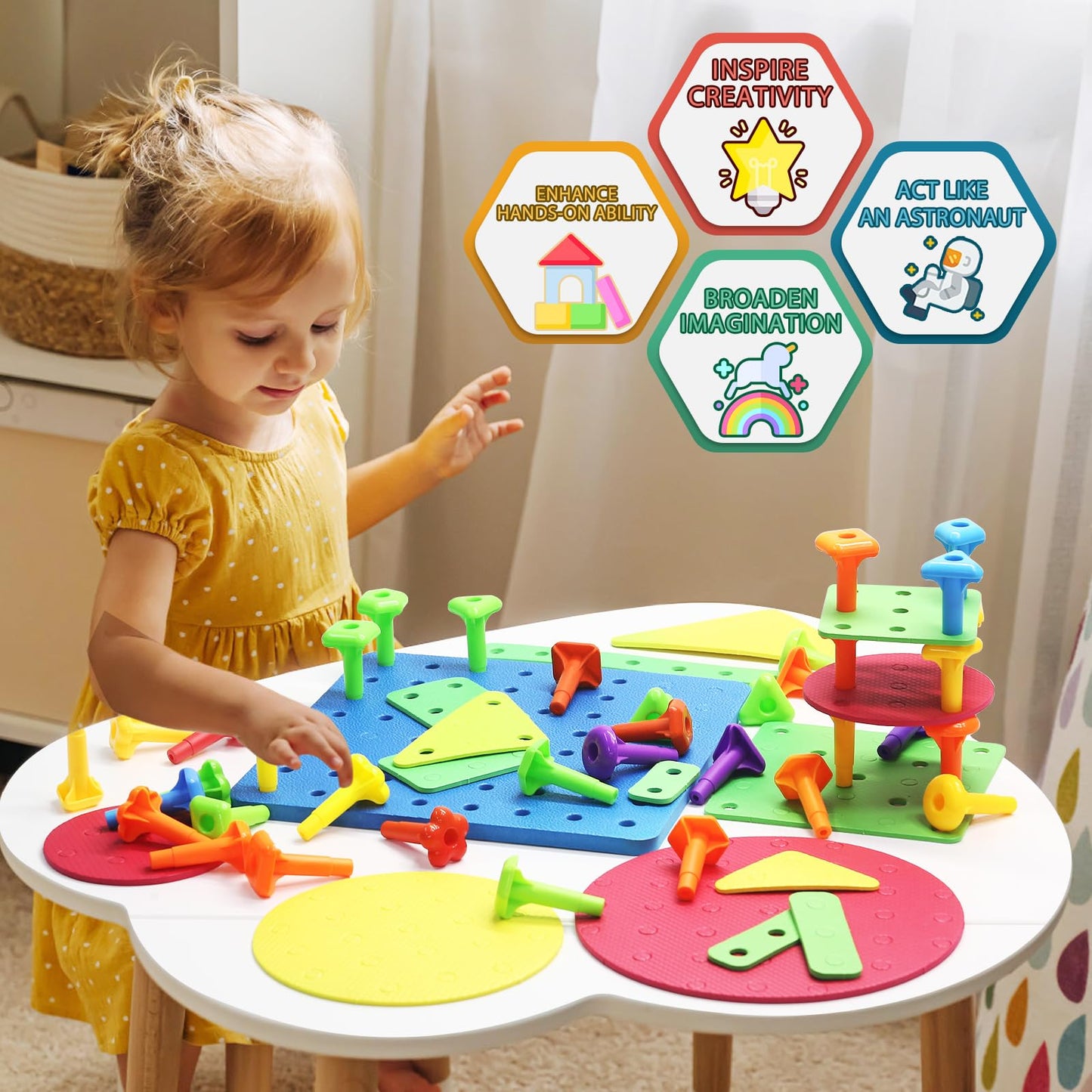 Ggiibro Peg Board Toy Set 101Pcs DIY Building Stacking Toys for Kids 3-6 Years Old,STEM Educational Kids Toy for Brain Development,Montessori Sensory Toys,Plastic Lacing String Game