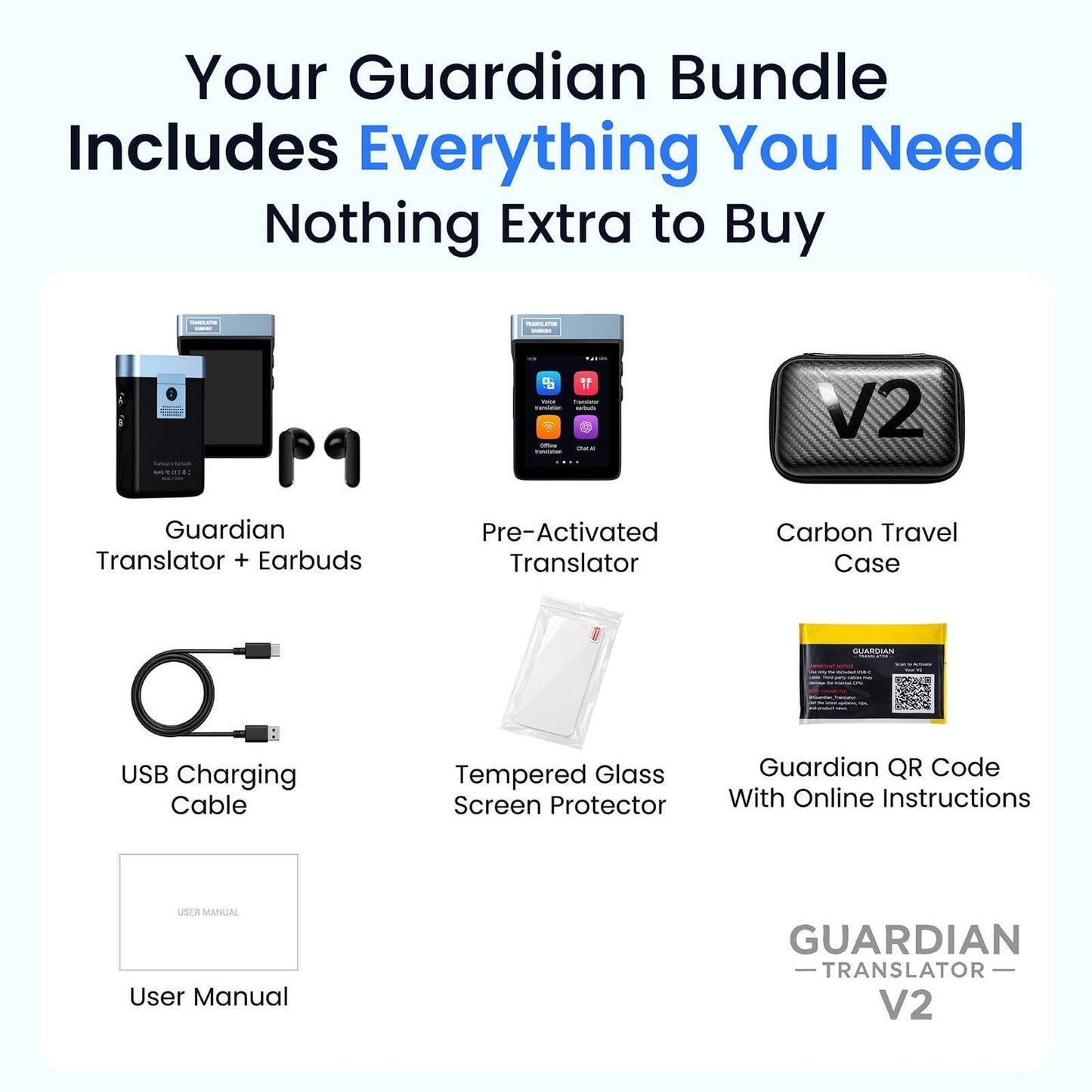 Guardian Translator V2 β AI Translator Device with Earbuds | Real-Time Two-Way Voice & Camera Translation | 144 Languages | Built-in ChatGPT | No Subscription | Travel, Business, Education