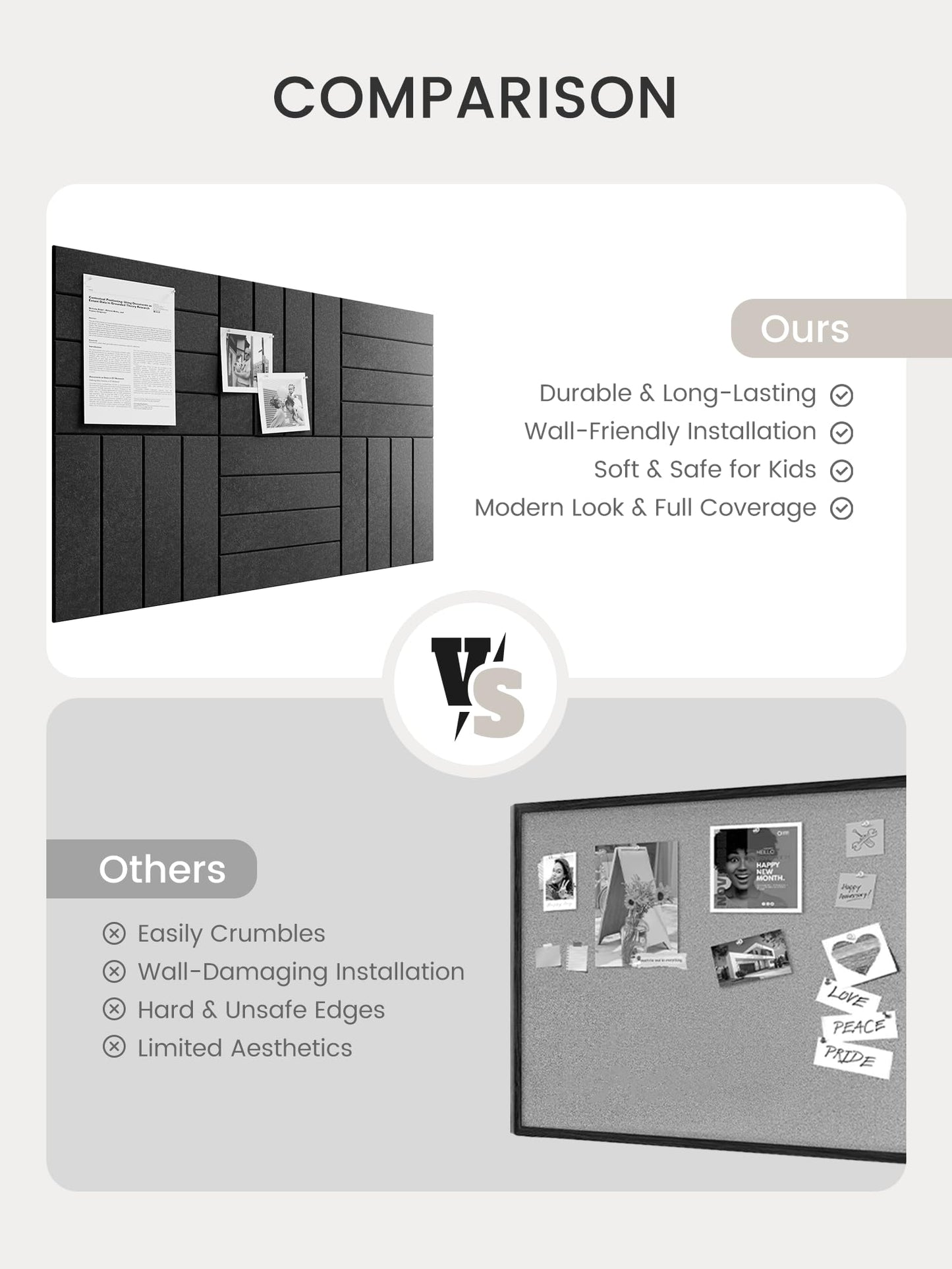 Bumusty Large Cork Board Alternative-36 x 24" Felt Bulletin Board Tiles, with 30 Pushpins, 40 Adhesive Tabs, Bold-Stripe 6-Pack, Cork Boards for Office Push Pin Board Felt Board-Charcoal Gray