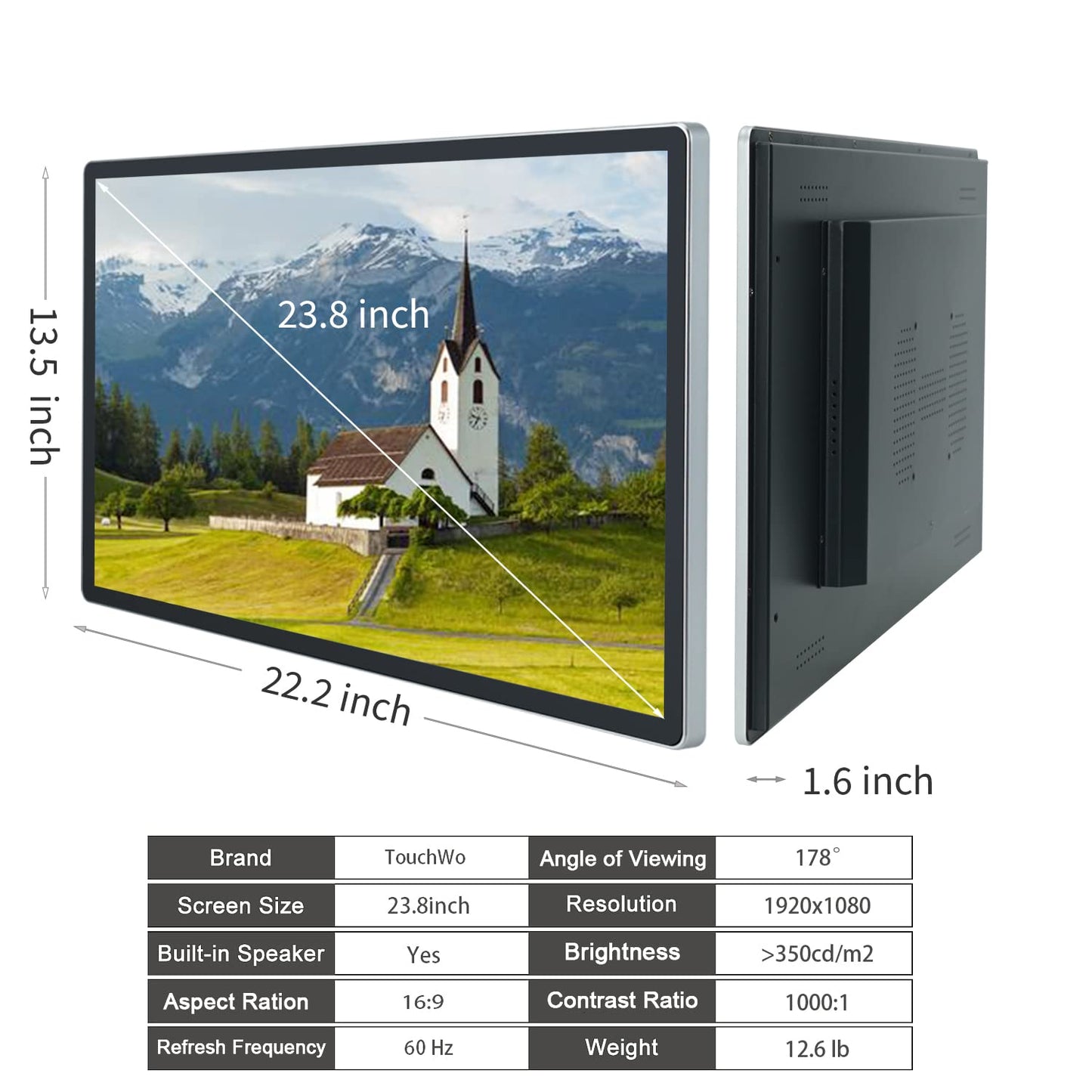 TouchWo 23.8 inch Capacitive Multi-Touch Screen Industrial Monitor, 16:9 Display 1920 x 1080P, Built-in Speakers, VGA, DVI & HD-MI Monitor for PC, POS, Small Business, Restaurant