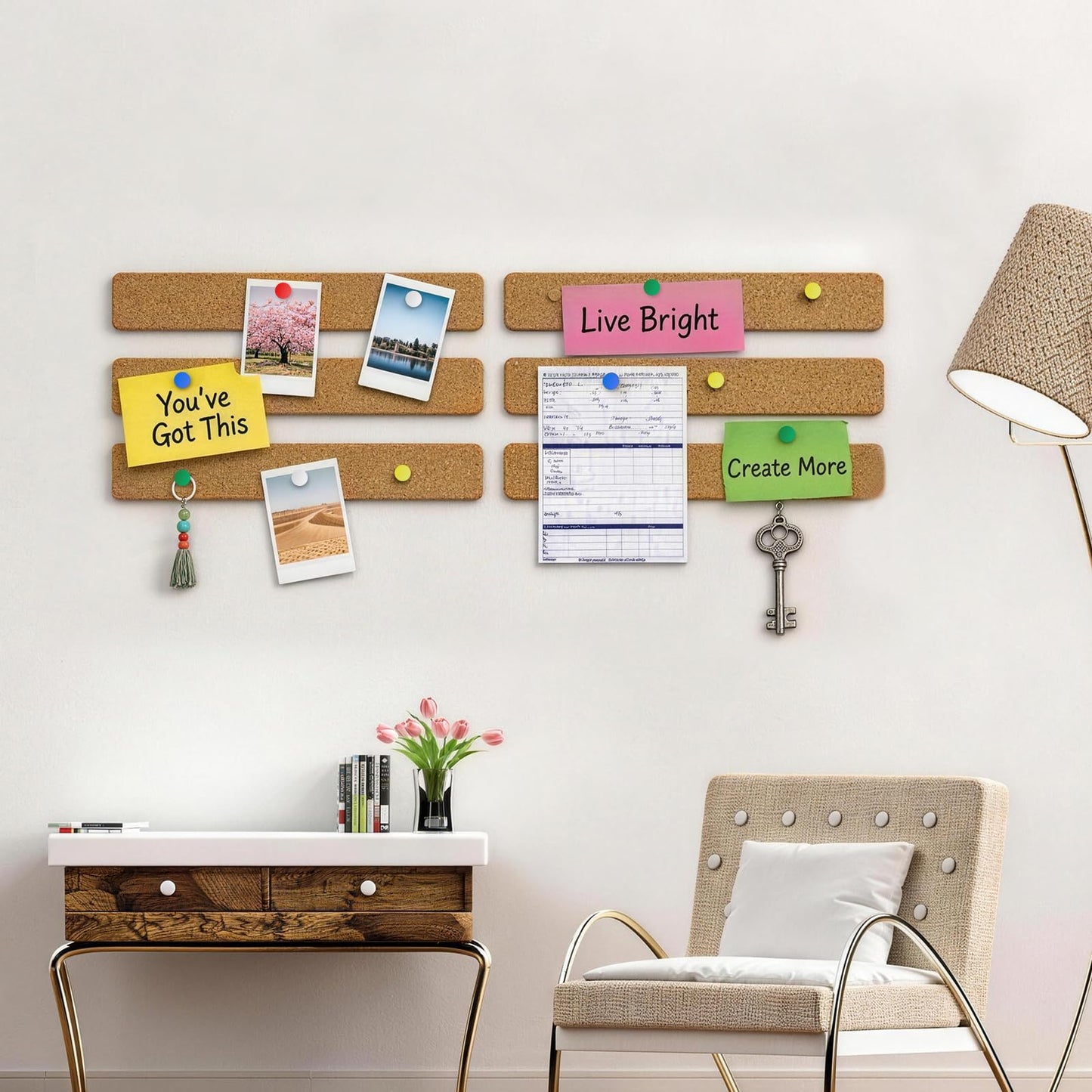 Fushing Cork Boards Felt Bulletin Boards, 13"x2" Pin Boards with Push Pins, Self-Adhesive, No-Drill Wall Mount Pin Boards for Classroom, Office, Home, Dorm, Bedroom Door (6)