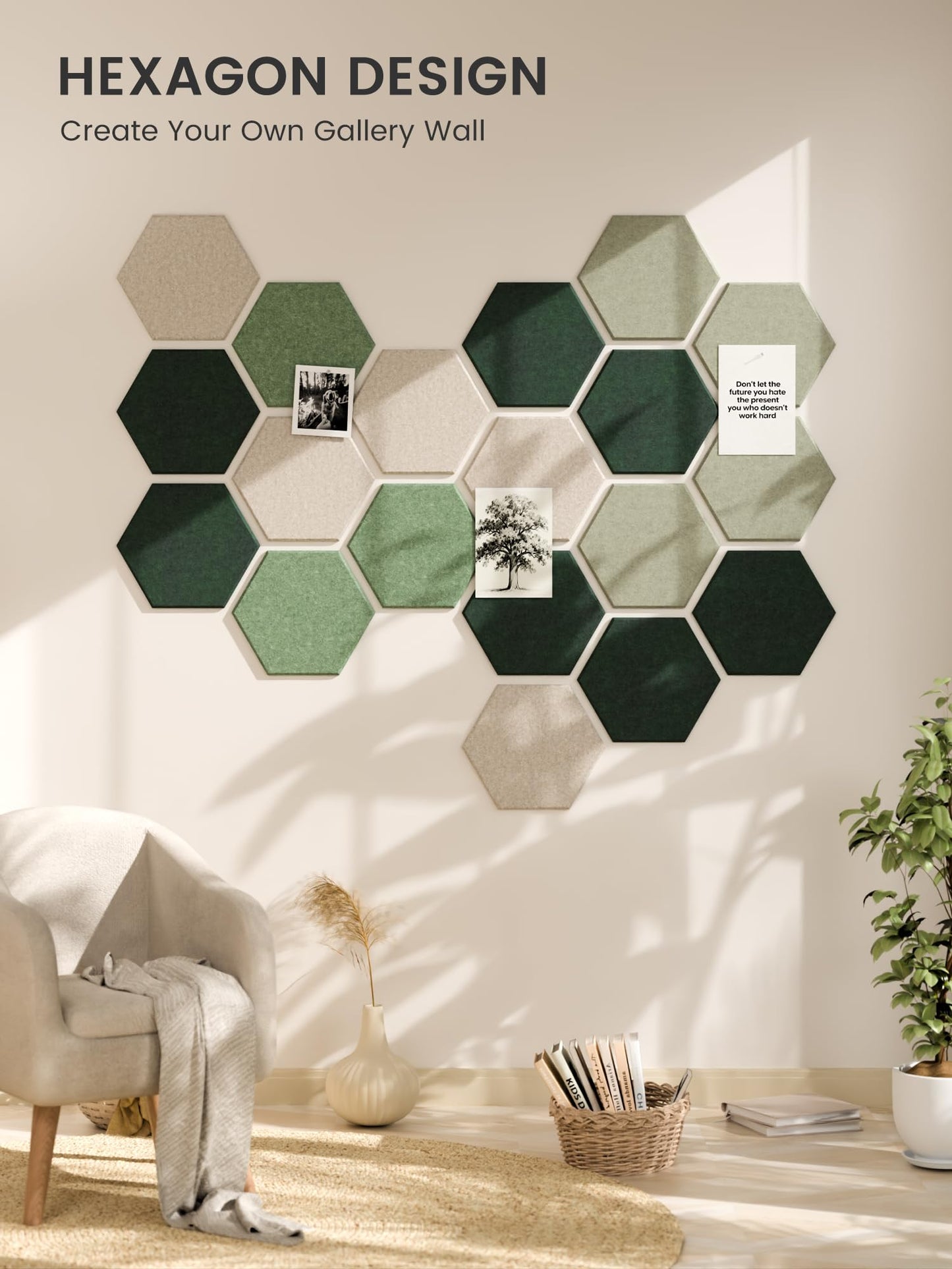 Fluxynara Hexagon Cork Board Alternative for Walls Decor-12-Pack Felt Bulletin Board Tiles,with 30 Pushpins,70 Adhesive Tabs for Office,Classrooms & Home Pin Board Felt Board-Sagewood