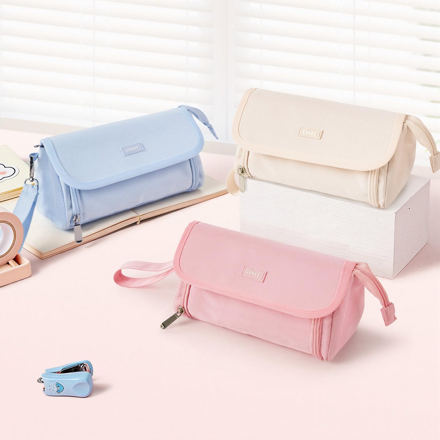Sooez Super Large Pencil Case, Big Capacity Pencil Bag with 3 Compartments, Hold 200 pencils, Cute Pencil Pouch with Zipper, Portable Stationery Pen Bag, Aesthetic School Supplies For Girls, Pink