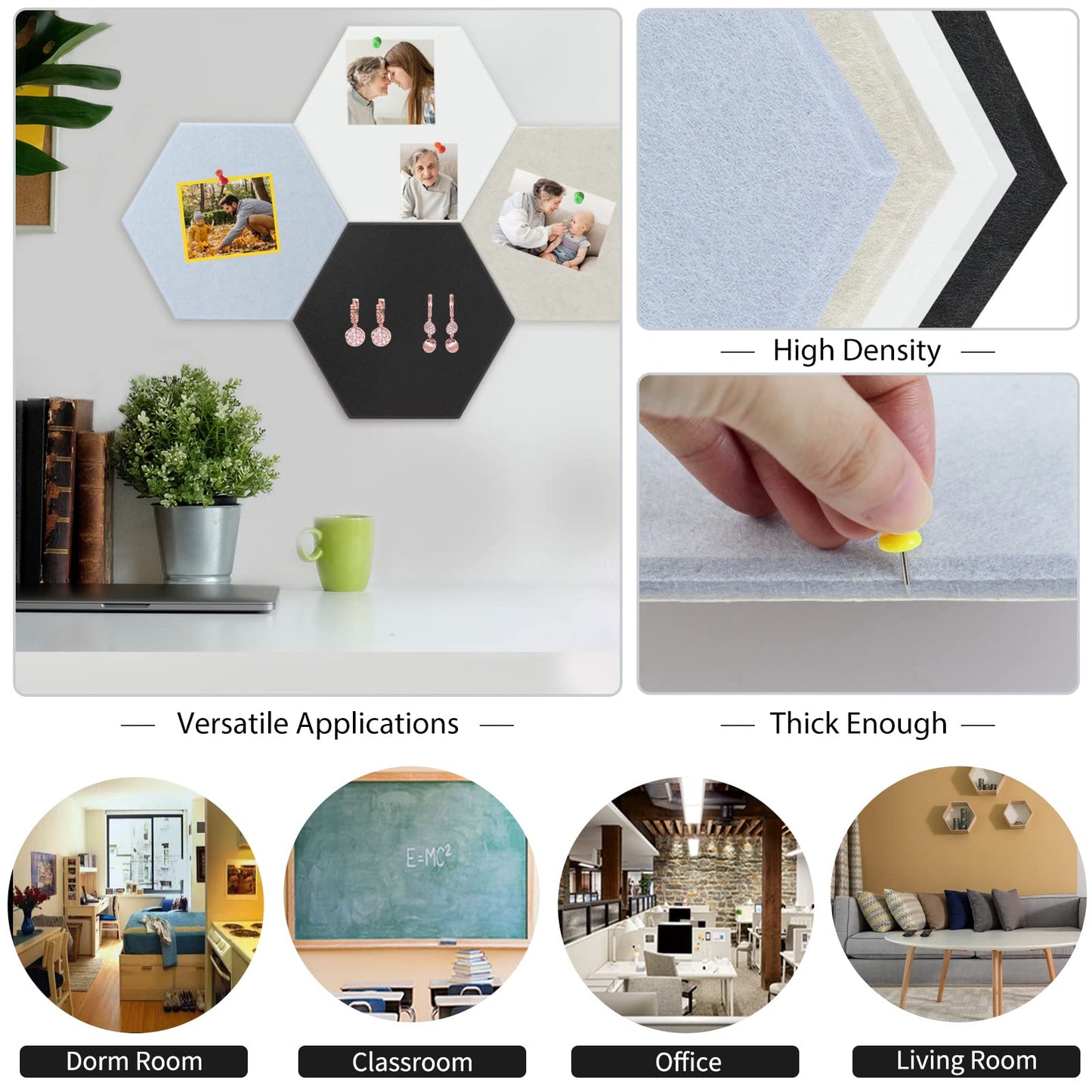 BXI Large Hexagon Felt Bulletin Board - 14.2 X 12.3 X 0.4 Inches 6 Pcs Self-Adhesive Poster Cork Board with 30 Push Pins, Pin Tiles Display Vision Board, Photo Picture Panels for Home Office Classroom