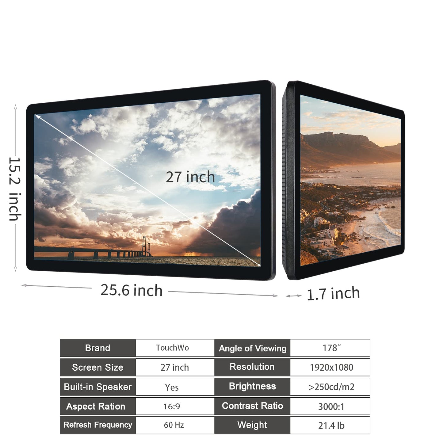 TouchWo 27 inch Touch Screen PC Monitor, Intel i7, 8GB RAM, 256G SSD, 16:9 FHD 1080P, Windows 10, Smart Board for Classroom, Meeting & Home, USB, VGA & HD-MI Monitor