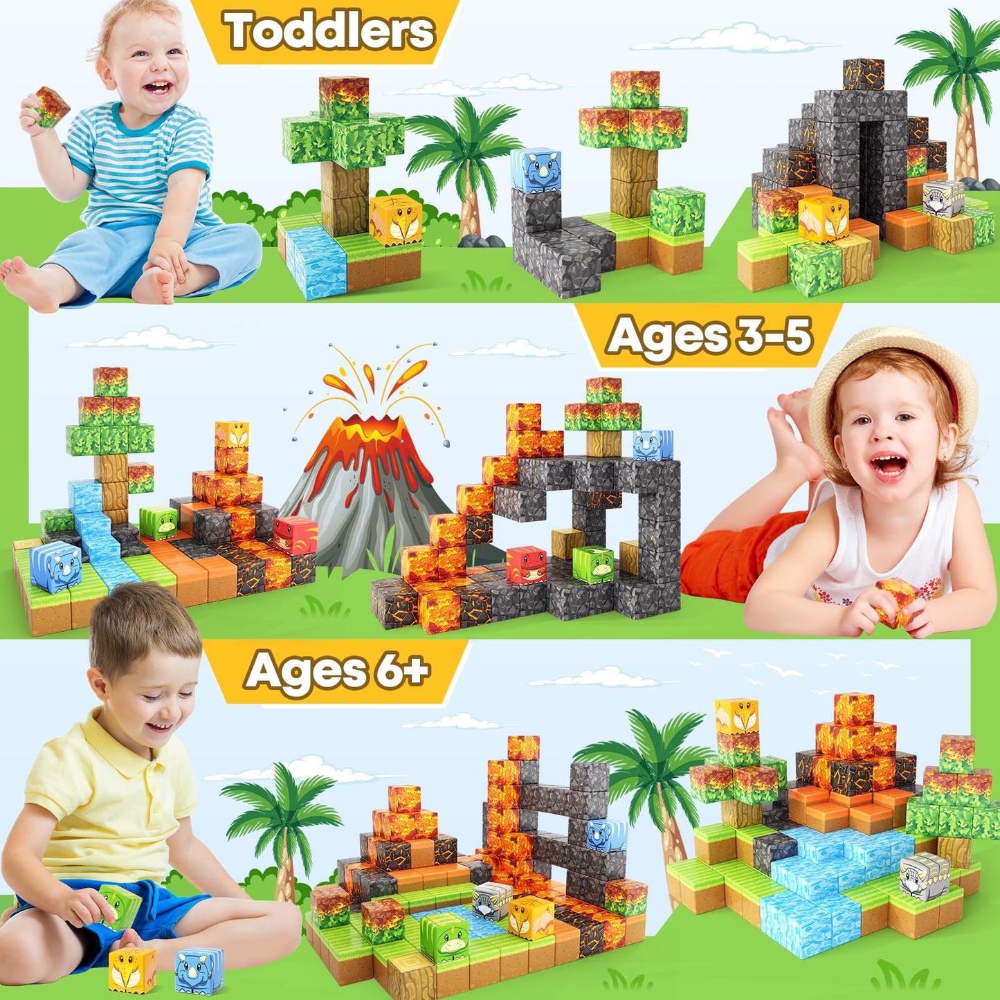 Dinosaur Toys Magnetic Blocks-Build Mine Magnet World Volcano Edition Kids Toy for 3+ Year Old Boys and Girls Building Blocks Toddler Toys Games Through Jurassic Learning Sensory Toy Gifts