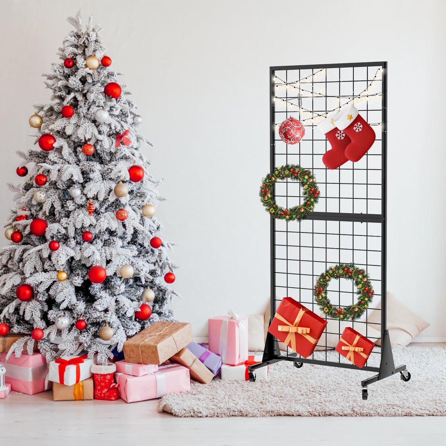 QKOSMTL 4-Pack Gridwall Panel Display Stand, 2'x5.5' Heavy Duty Floor Standing Rack with Detachable Girdwall, Movable Silent Wheel, Easy to Transport, Ideal for Retail & Craft Fairs