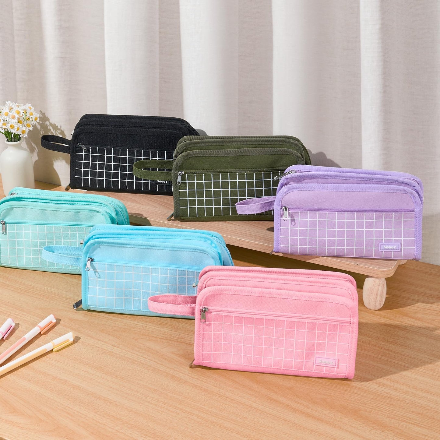 Sooez Large Pencil Case, Big Capacity Pencil Pouch Pen Bag with 3 Compartment, Portable Canvas Stationery Organizer with Zipper, Cute Aesthetic School Supplies for Teen Girls, Celadon
