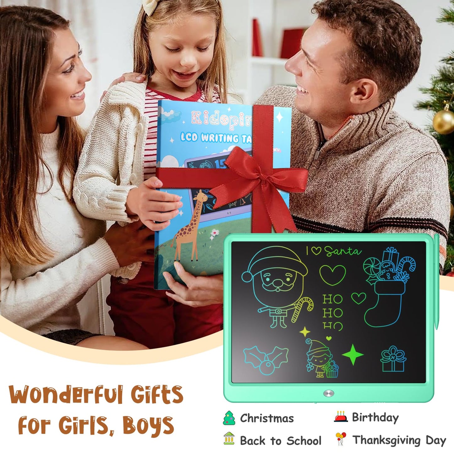 Kidopire LCD Writing Tablet for Kids, 15 Inch Large Screen Doodle Board Drawing Writing Tablet Board, Educational Toddler Toys Birthday Gift School Office Notes for 3-12+ Year Old Girls Boys, Green