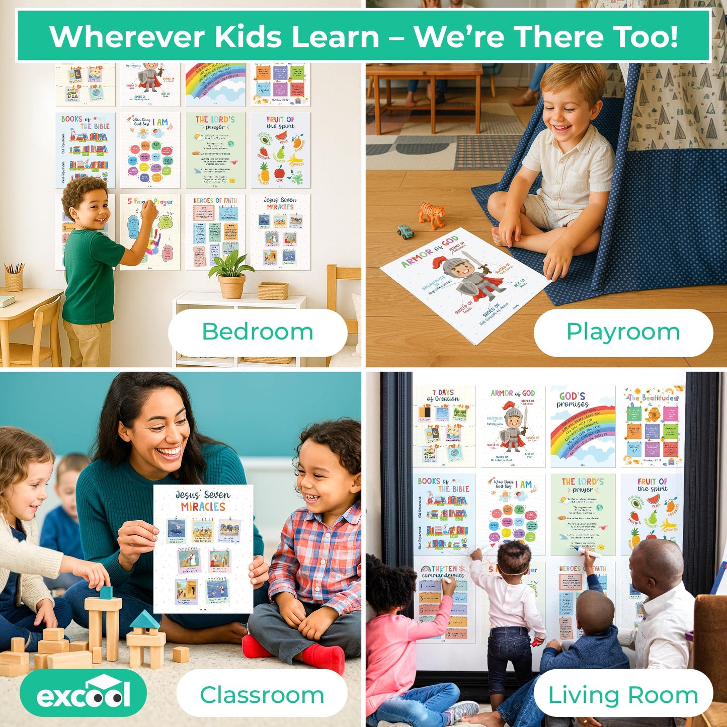 Excool Club Sunday School Decorations For Classroom - 12 Book Of The Bible Posters For Kids, Ten Commandments Fruit Of The Spirit Wall Art, Bible Study Supplies For Christian Classroom Decor (11"x14")