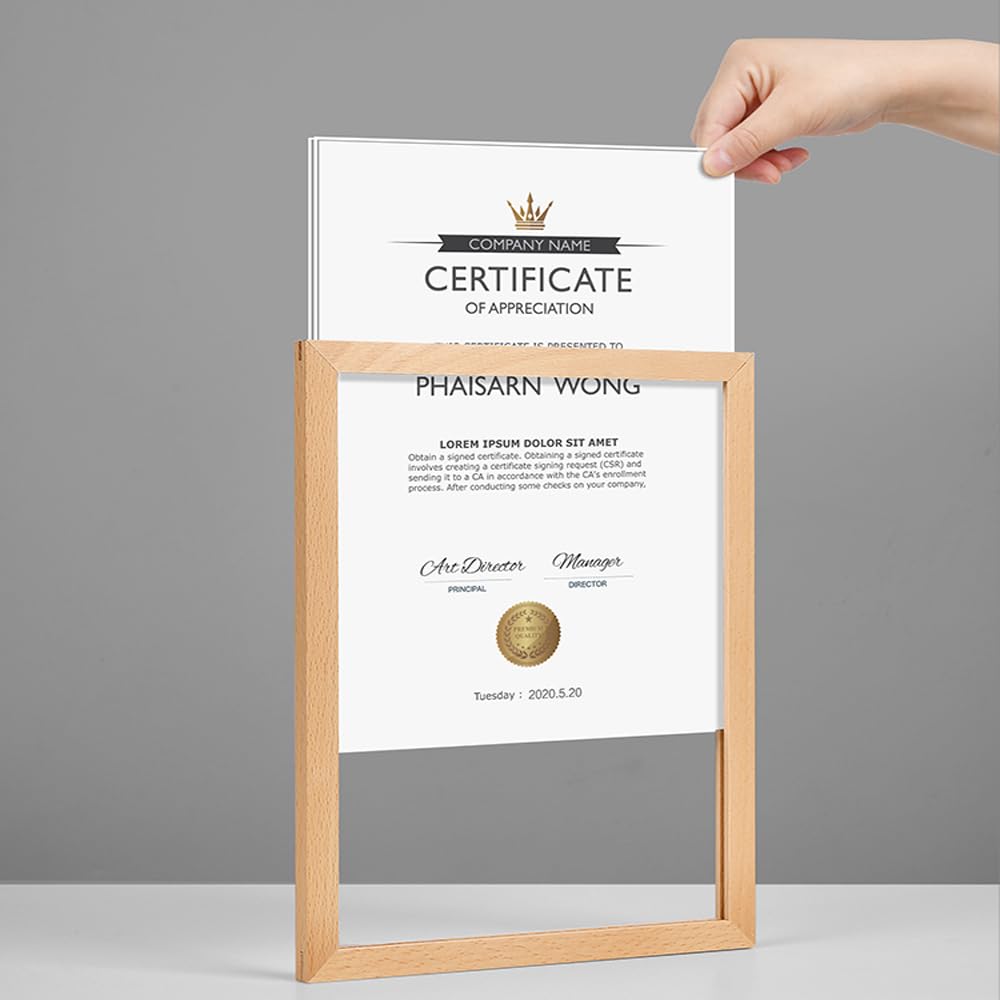 ECKEK Wall Mount Acrylic Sign Holder Self Adhesive Magnetic Display Frame Clear Document Frame for Office, Store, School, Home, Wall Picture Frame (Sapele Wood A4 210×297mm/8.27×11.69inches)