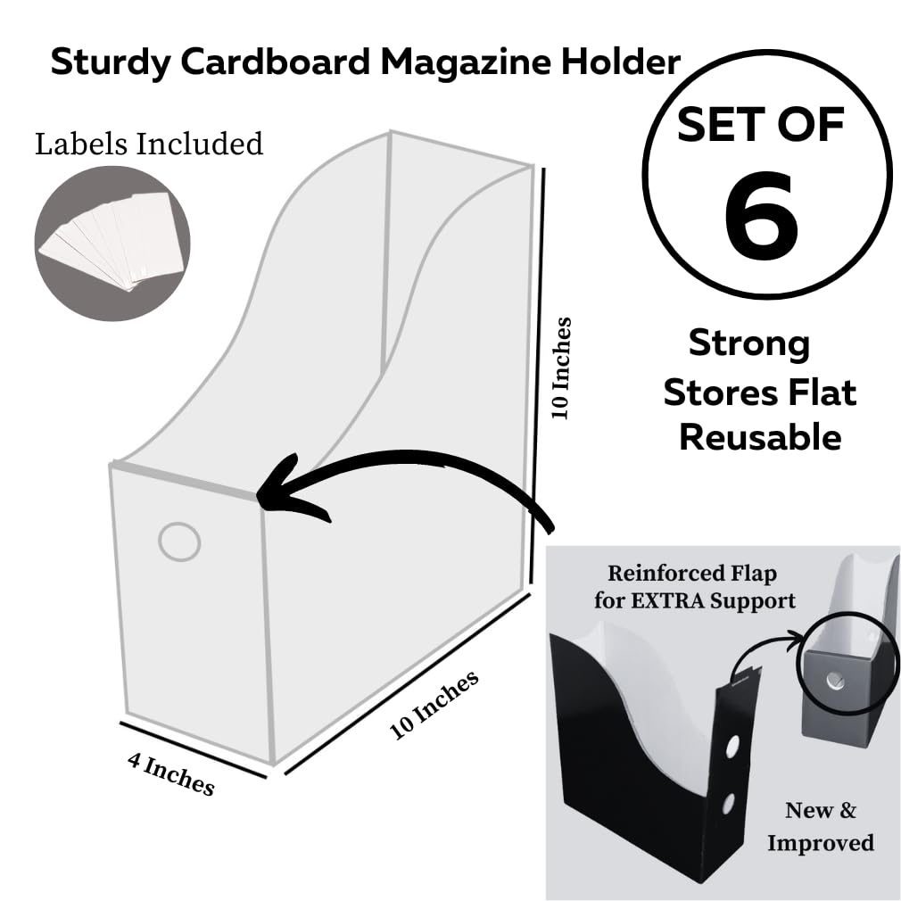 Evelots Magazine File Holder -Set of 6 Multi Color- Office Desk Organizer - Sturdy Cardboard - New Upgraded Double Front Panel -4" Wide-Easy Assemble