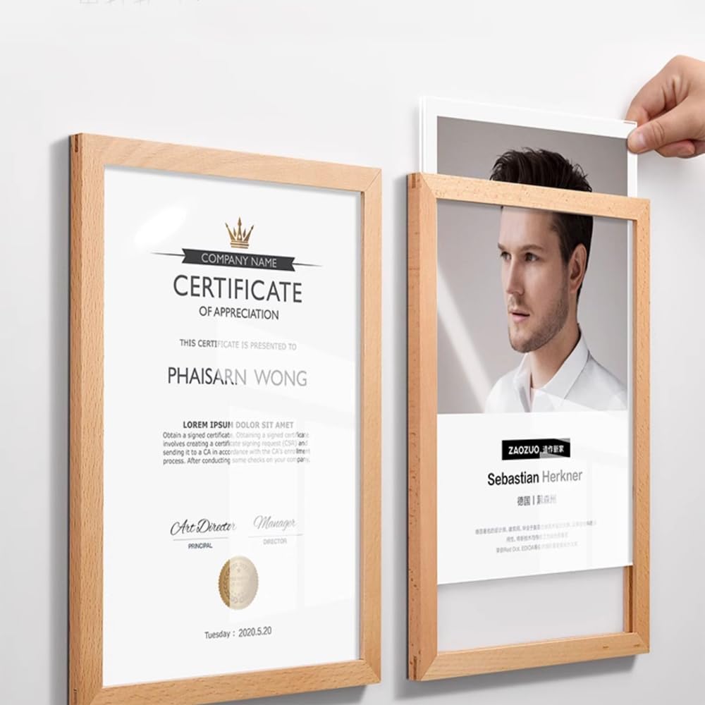 ECKEK Wall Mount Acrylic Sign Holder Self Adhesive Magnetic Display Frame Clear Document Frame for Office, Store, School, Home, Wall Picture Frame (Sapele Wood A4 210×297mm/8.27×11.69inches)