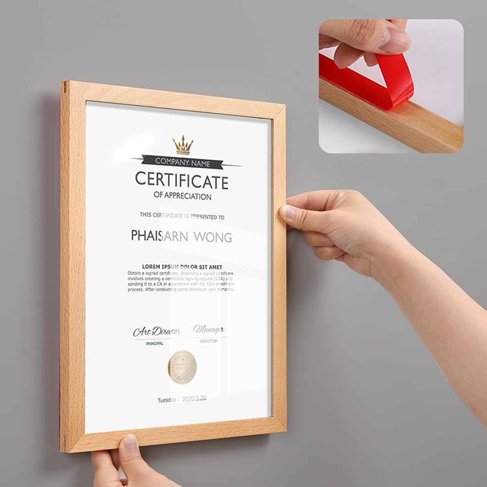 ECKEK Wall Mount Acrylic Sign Holder Self Adhesive Magnetic Display Frame Clear Document Frame for Office, Store, School, Home, Wall Picture Frame (Sapele Wood A4 210×297mm/8.27×11.69inches)