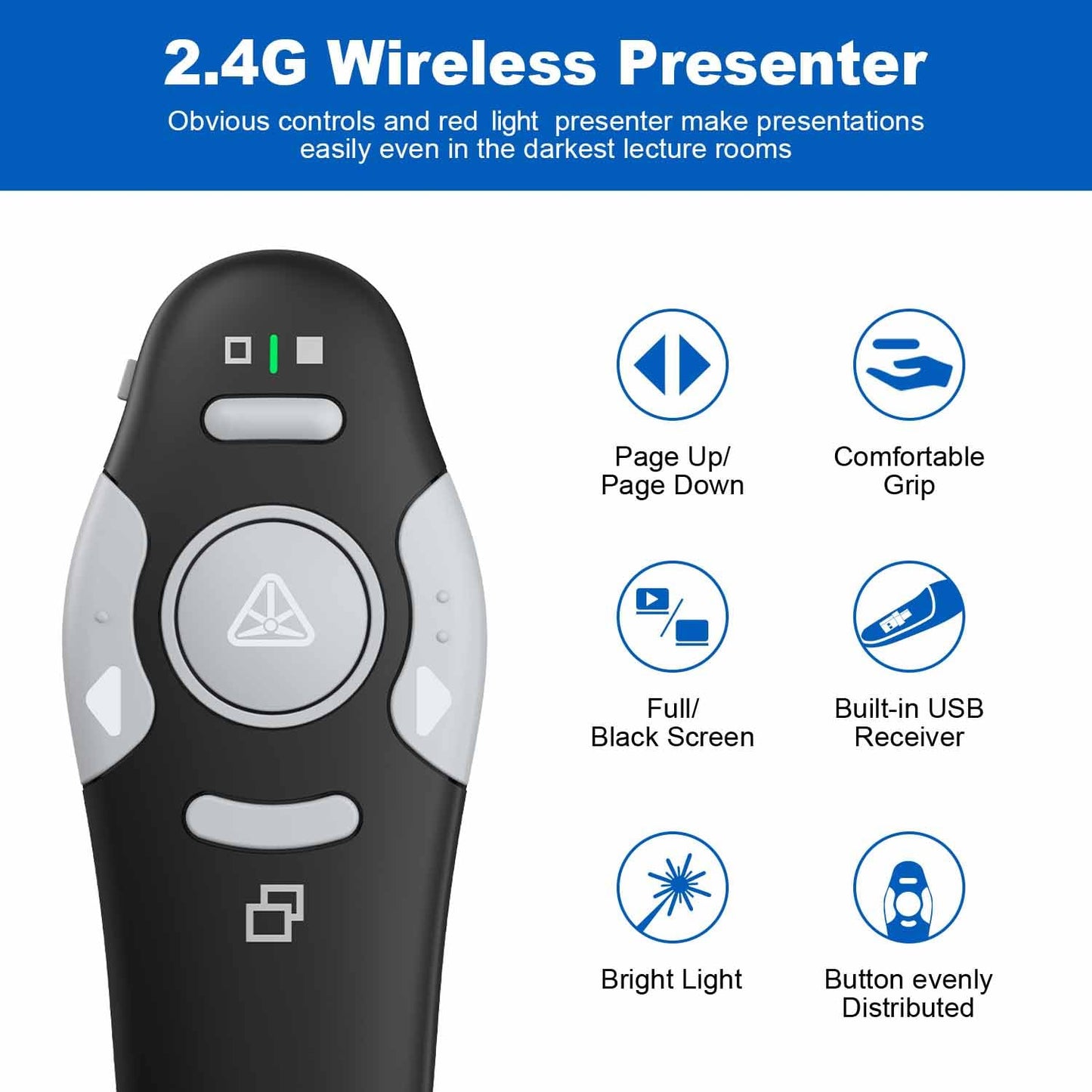 QUI 2 Pack Presentation Clicker, Wireless Presenter Remote Clicker for PowerPoint, Slide Advancer for Mac, Windows, Google Slide, Keynote (USB, Black Blue)