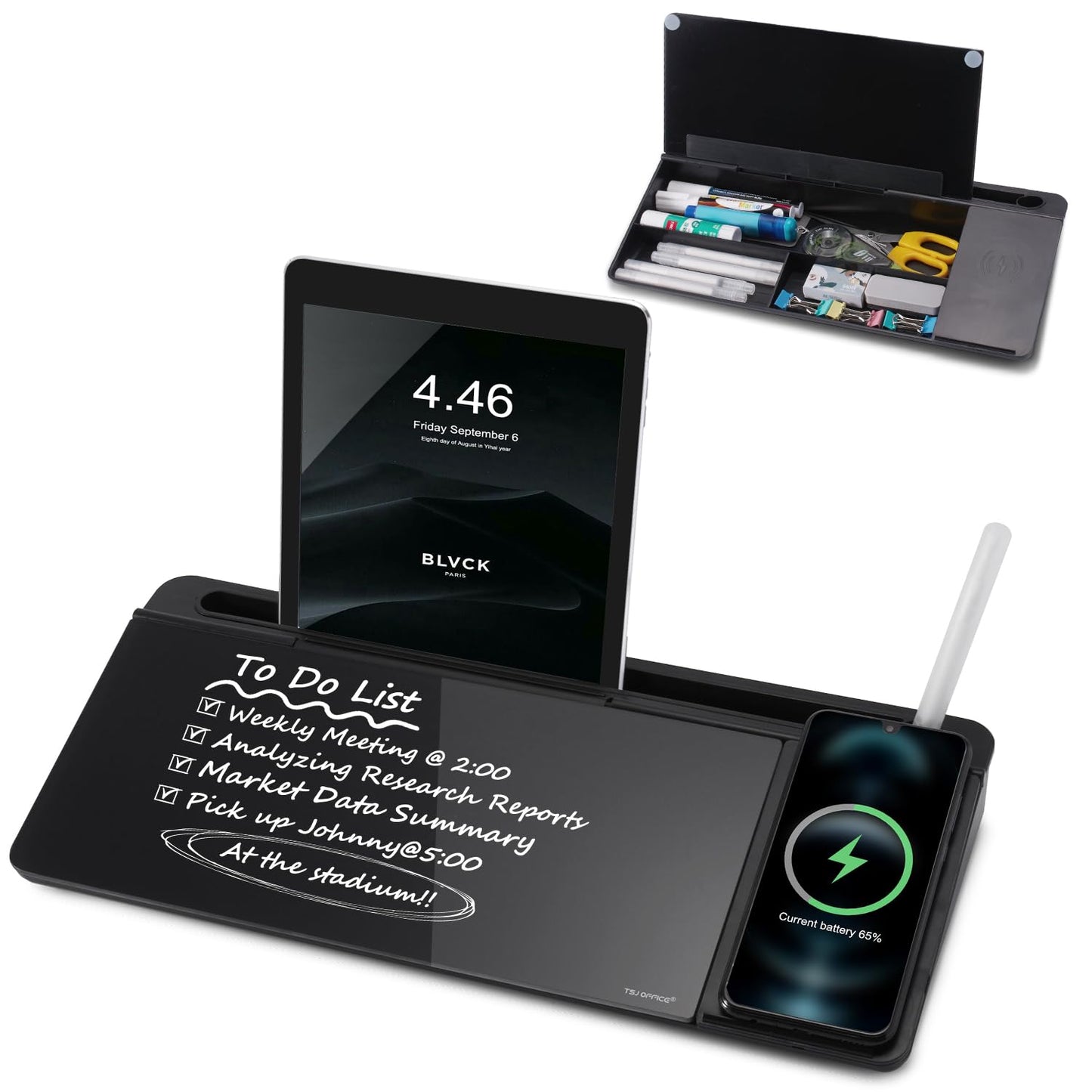 Small Glass Desktop Whiteboard Dry-Erase-Board - Computer Keyboard Stand with Wireless Charger White Board Surface Pad with Drawer, Desk Organizers with Accessories for Office, Home, School Supplies