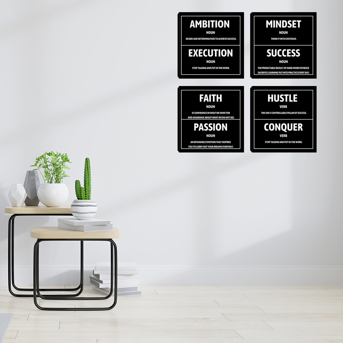 Motivational Office Wall Decor Inspirational Success Canvas Wall Art Hustle Mindset 3 Pieces Posters Prints Wall Picture Artwork Home Living Room Bedroom Framed Ready to Hang - 12"x12"x4PCS