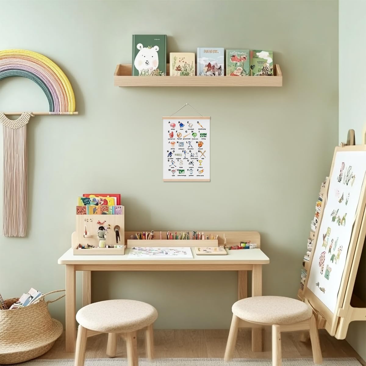 Baseball Alphabet Nursery Wall Art Poster Hanger, Baseball Alphabet Learning Wall Hanging Banner for Boys Room Nursery Playroom Bedroom Classroom