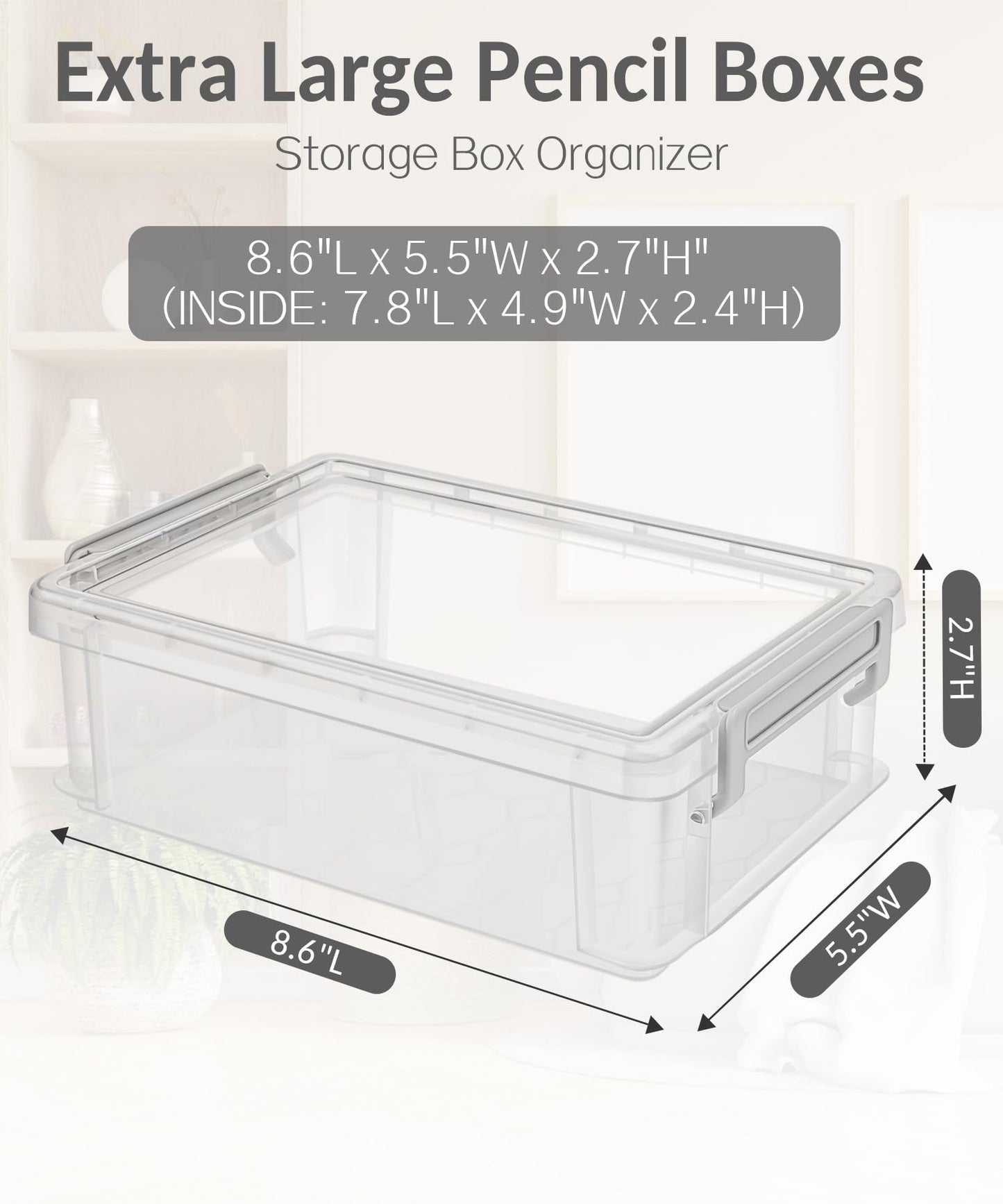 Sooez 6 Pack Extra Large Pencil Box, Plastic Hard Pencil Case Crayon Box Bulk, Clear Marker Organizer Plastic Containers with Lid, Stackable Storage Boxes for Art Craft, Back to School Supplies, Multi