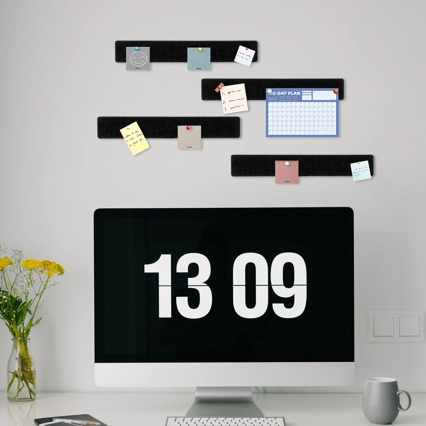 GoTiling Cork Board for Walls - 8 Pack Felt Pin Board Bar Strips - Self-Adhesive Lightweight Bulletin Board - Cork Board for Office with 40 Push Pins No Damage for Wall