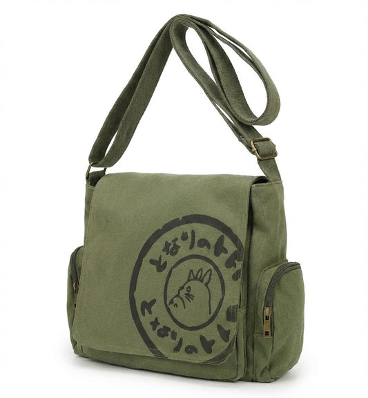 Zxtvmn Japanese New 2026 My Neighbor Canvas Messenger Bags Cartoon Students Book Crossbody Bags with Mutiple Pockets, Compatible with my neighbor totoro bag (Khaki)