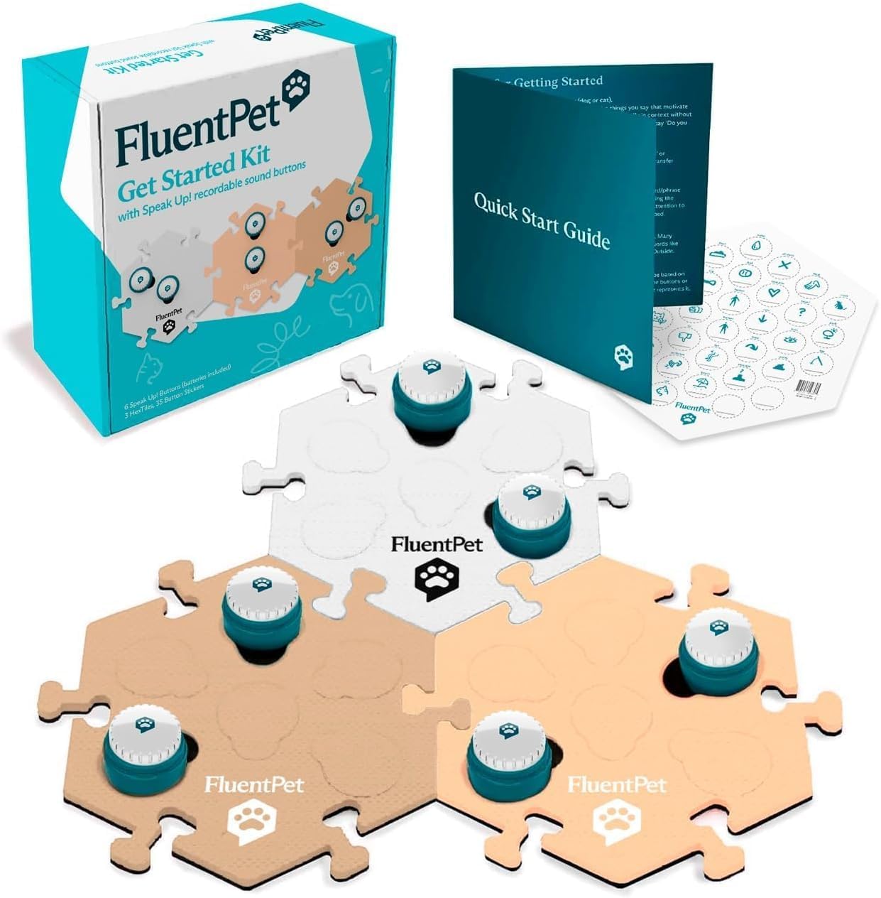 FluentPet Speak Up Get Started Kit with Clearer Upward-Facing Sound - 6 Recordable Buttons for Dogs & 3 Beige HexTiles | Dog & Cat Communication Buttons Set | with Batteries