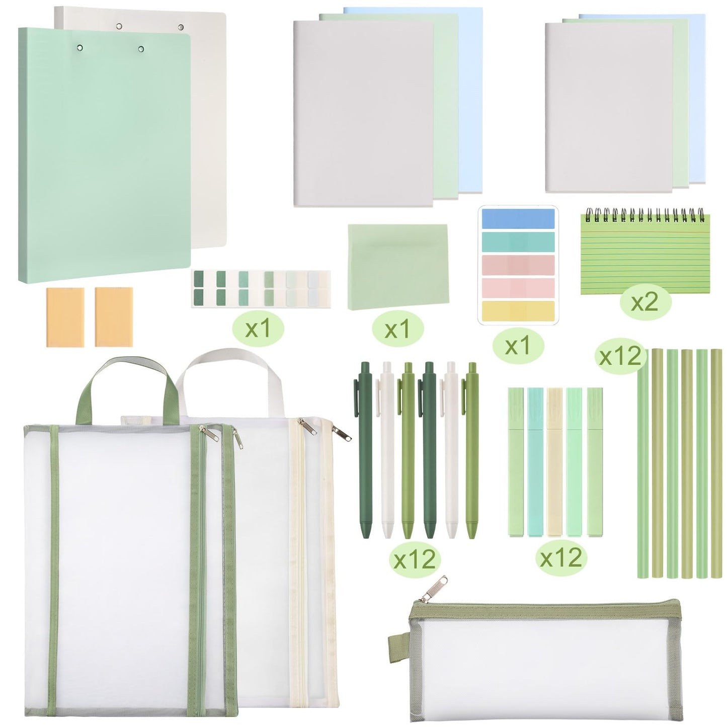 Colarr 54 Pcs Cute Notebook Stationery Set for Women, Bible Study Supplies, 6 Lined Notebooks, 36 Pens, Sticky Notes & Tabs, Bags & Folders for Work Journal Study College Office Supply(Green)