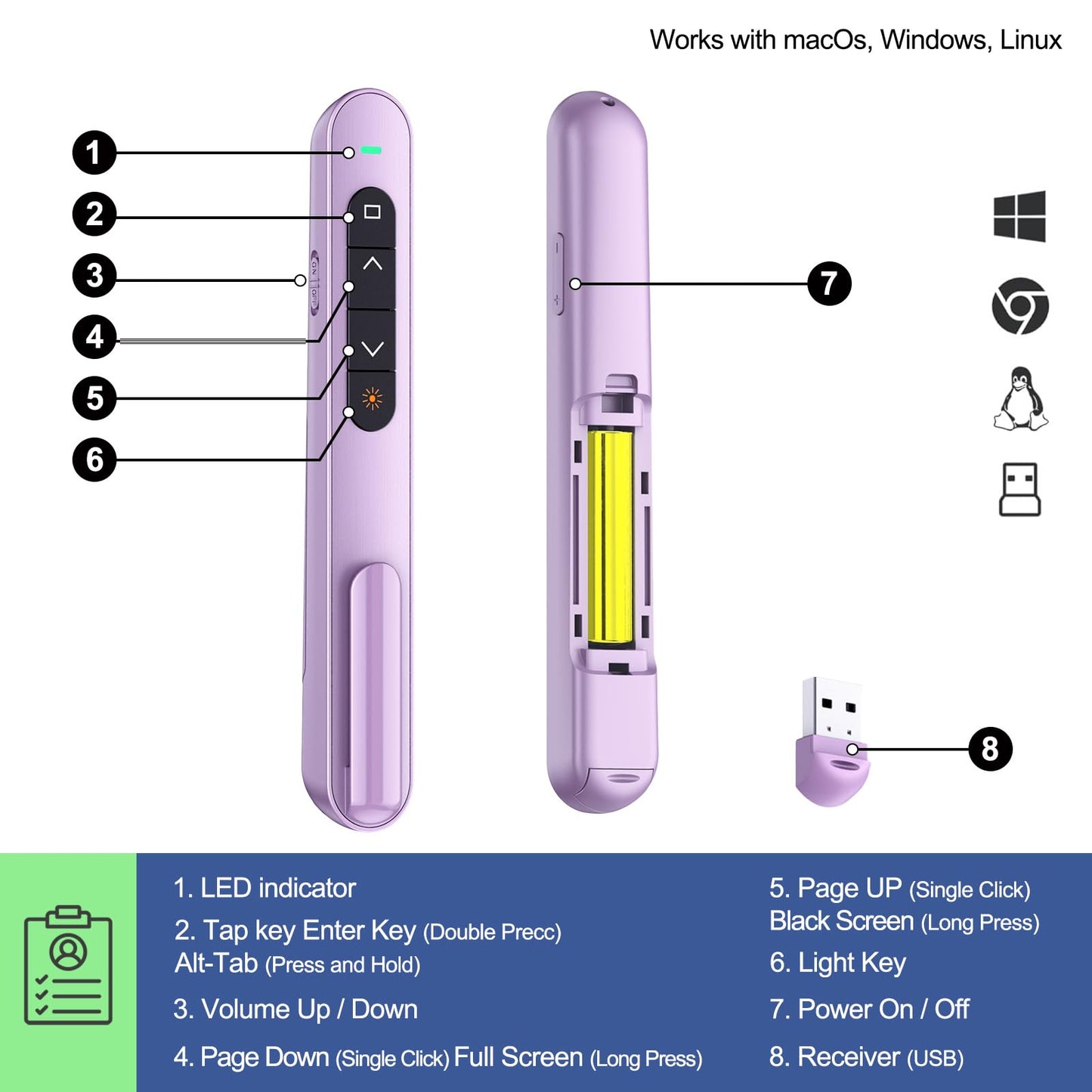QUI Presenter Clicker Bundle | BK600 Slim-Shaped USB A Purple & BQ100 Remote-Shaped USB A Pink