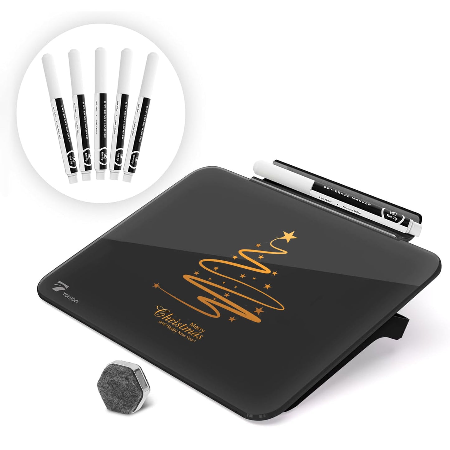 TOWON Small Glass Dry Erase Board, Desk White Board with Standing, Mini Whiteboard Easel Pad Set, Stenography Artifact for Office, Home and School Supplies, 8x6 Inches, Black