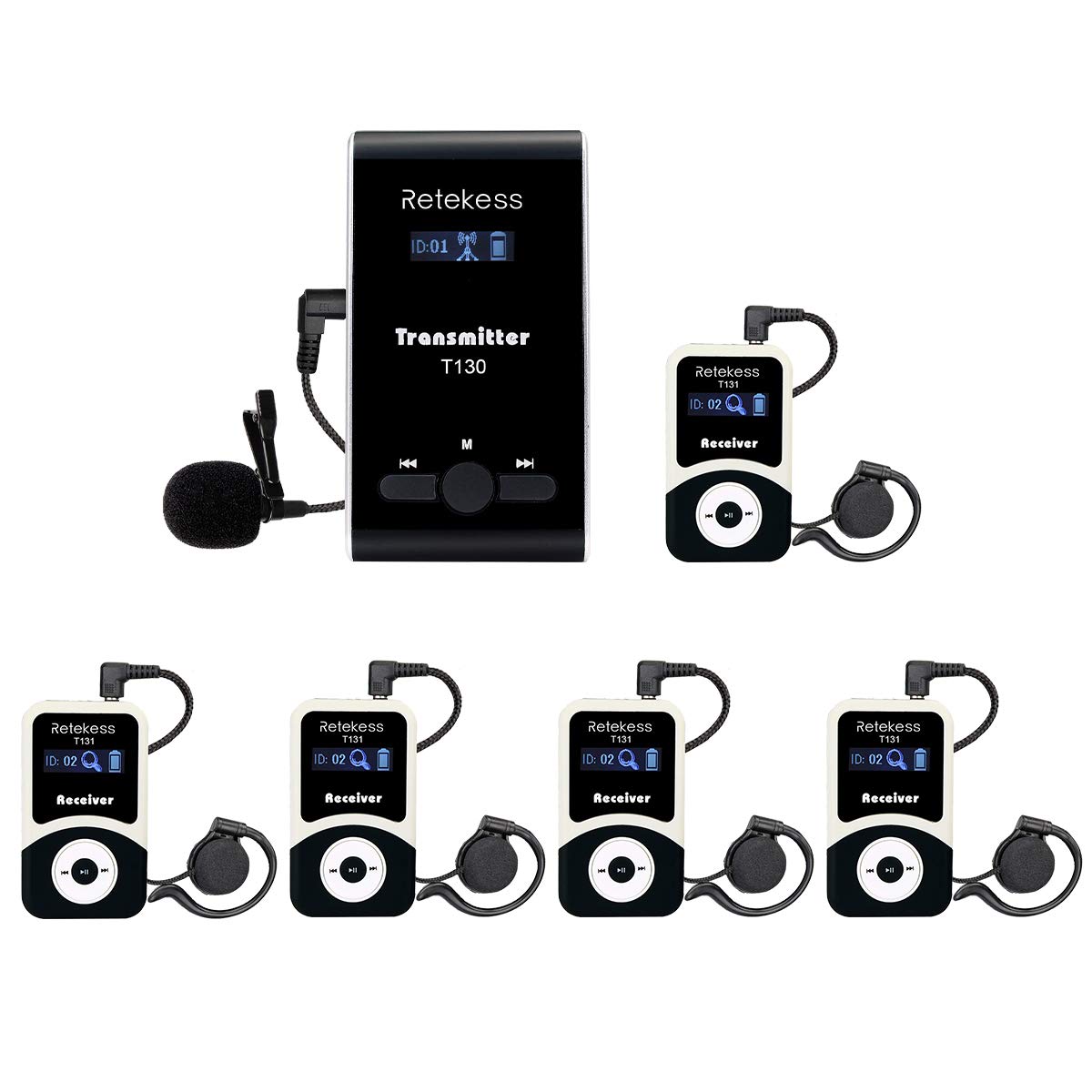 Retekess T130 Church Translation Device, Tour Guide System Rechargeable, Simple Basic, Clear Sound Quality, Whisper Devices for Church, Factory, School (1 Transmitter 5 Receivers)