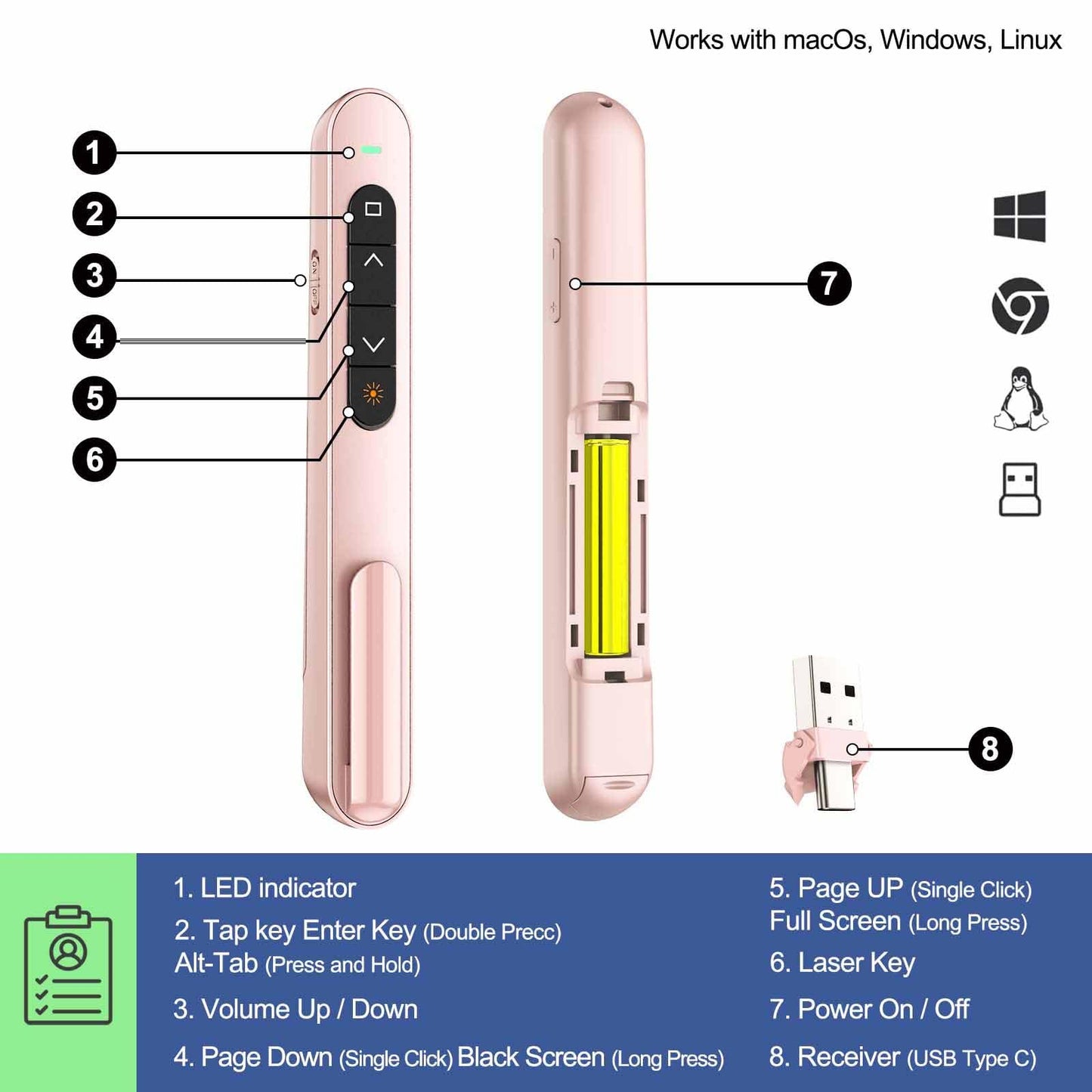 QUI Presenter Clicker USB A&C Bundle | Pen-Shaped Pink & Remote-Shaped Silver