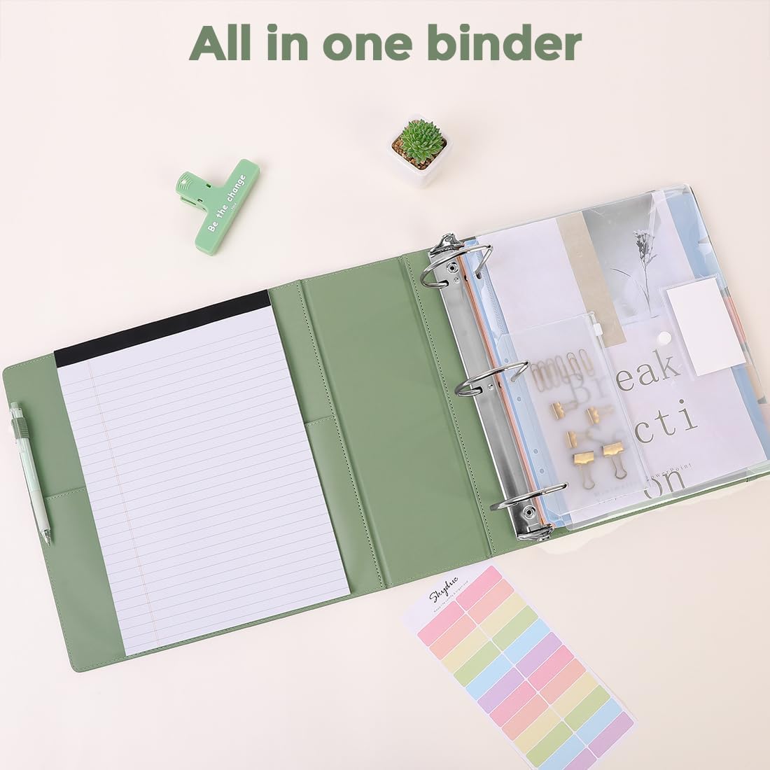 SKYDUE 3 Ring Binder 3 Inch D Ringr with Clipboard, PU Heavy Duty Clipboard Binder with Notepad & 5 Dividers with 5 Pockets, Labels, Clipboard Folder Great for School Office