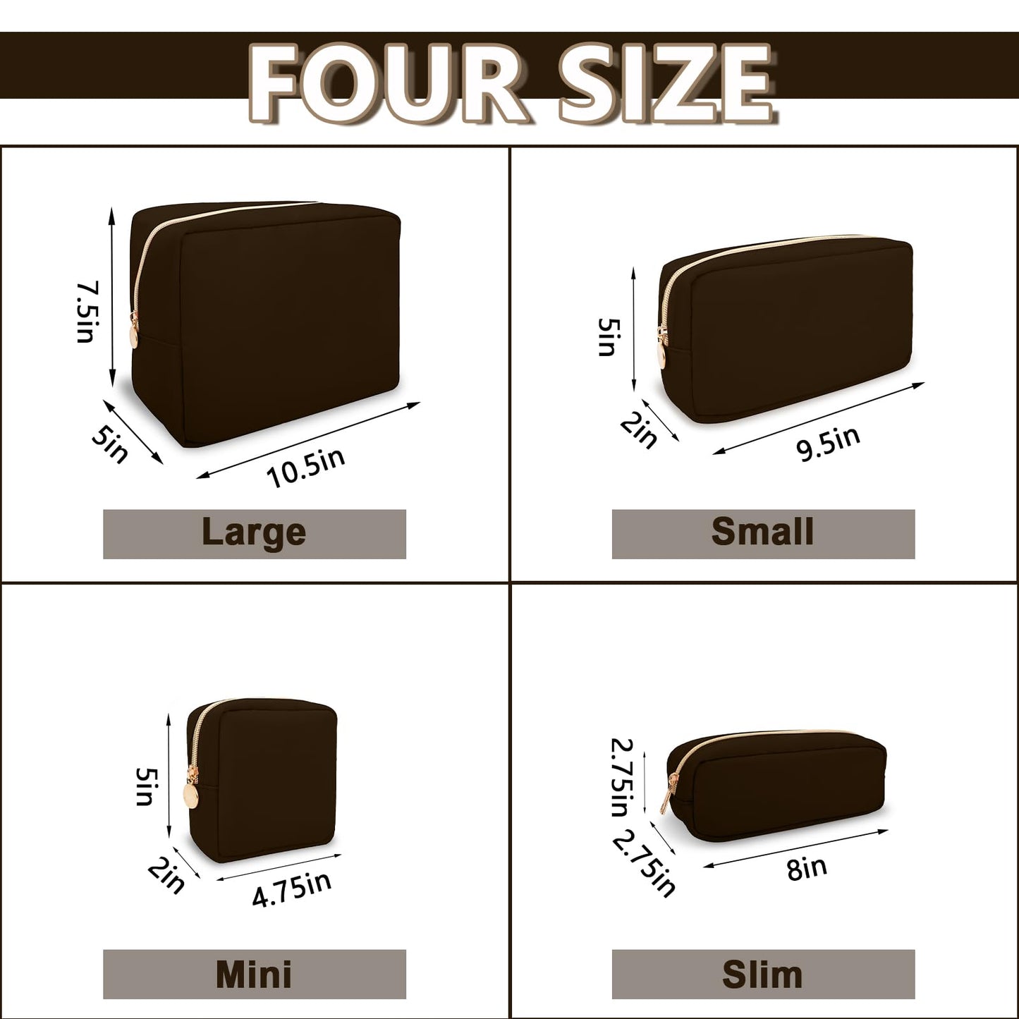 Small Pencil Case Makeup Bag for Purse, Cute Pencil Pouch Preppy Nylon Makeup Brush Bag with Zipper , Girls Portable Stationery Storage Case Small Pen Bag for Office School College(Slim-Chocolate)