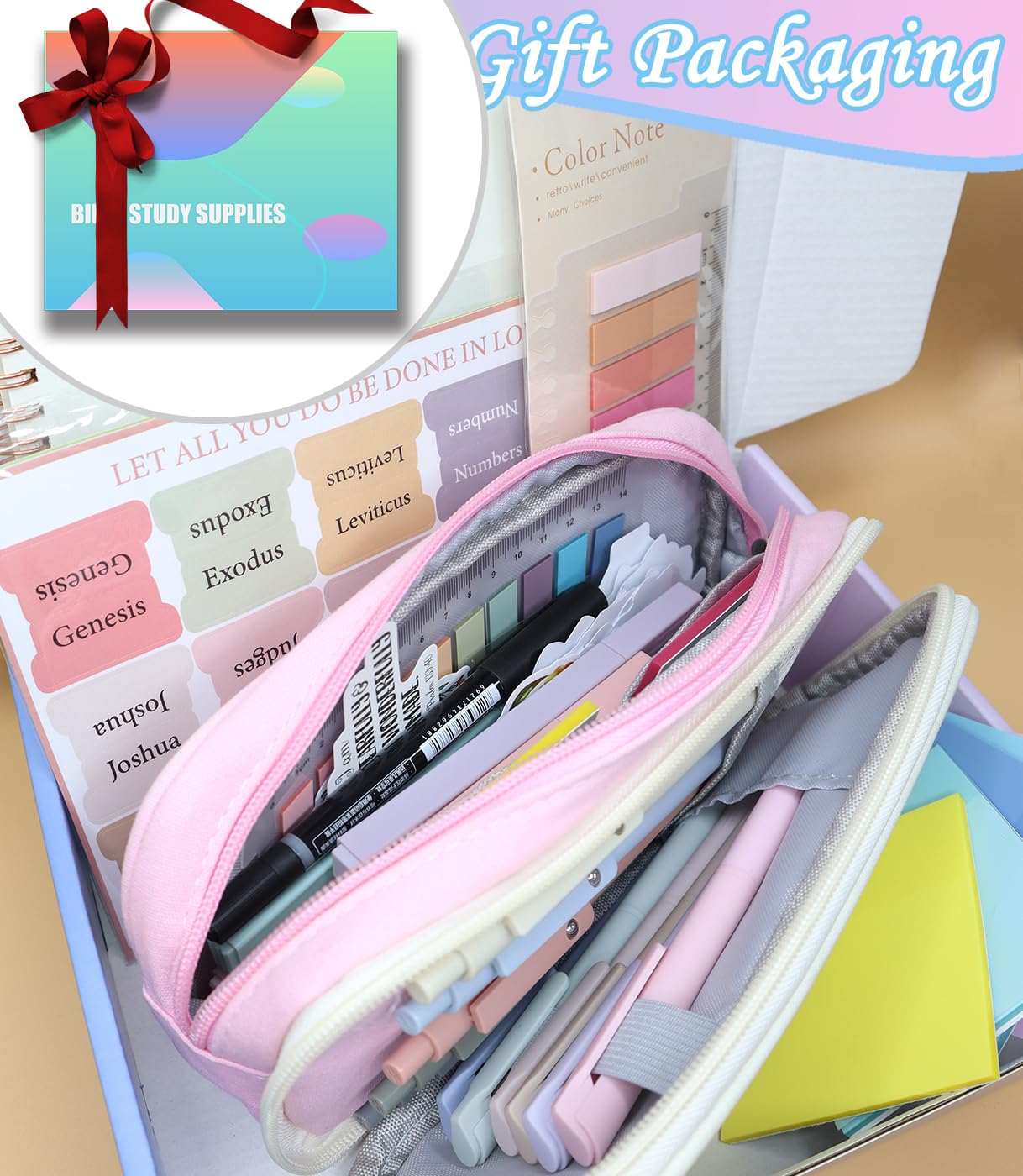 Bible Study Supplies Journaling Kit With Tabs, Highlighter, Notebook and Pen Case - Annotation Kit, Study Group Essentials Accessories Set for Women, Students, Beginner Christian Gifts