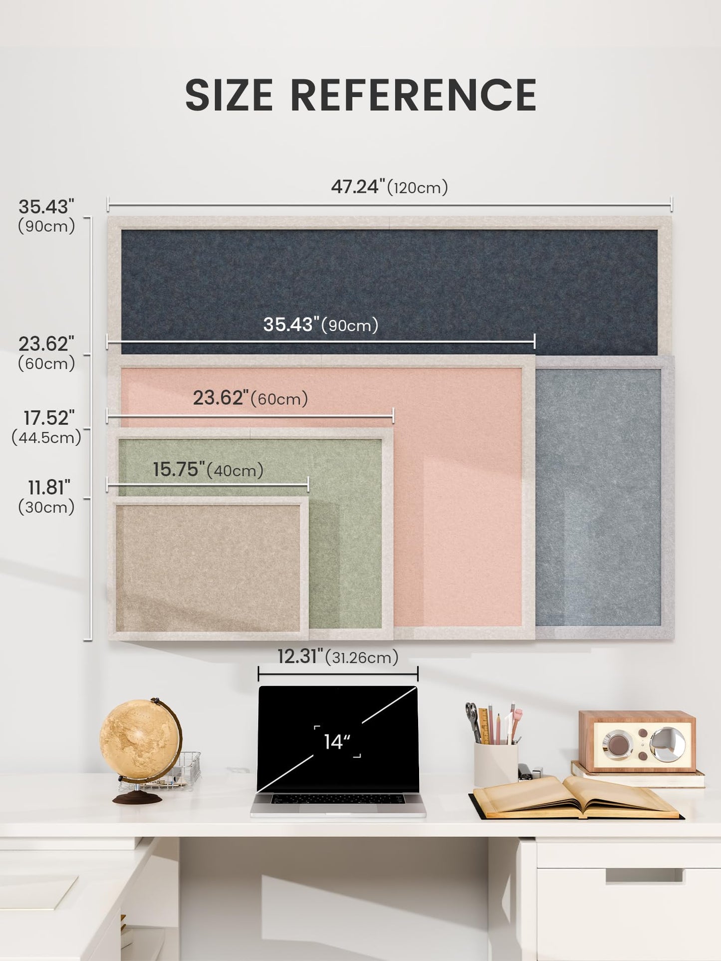 Fluxynara Foldable Cork Board Alternative, Felt Bulletin Board 35.4" x 23.6" Oatmeal Frame with 24 Adhesive Tabs, Pin Board for Home Office, Classroom, Entryway, Kitchen Wall Decor—Navy Blue