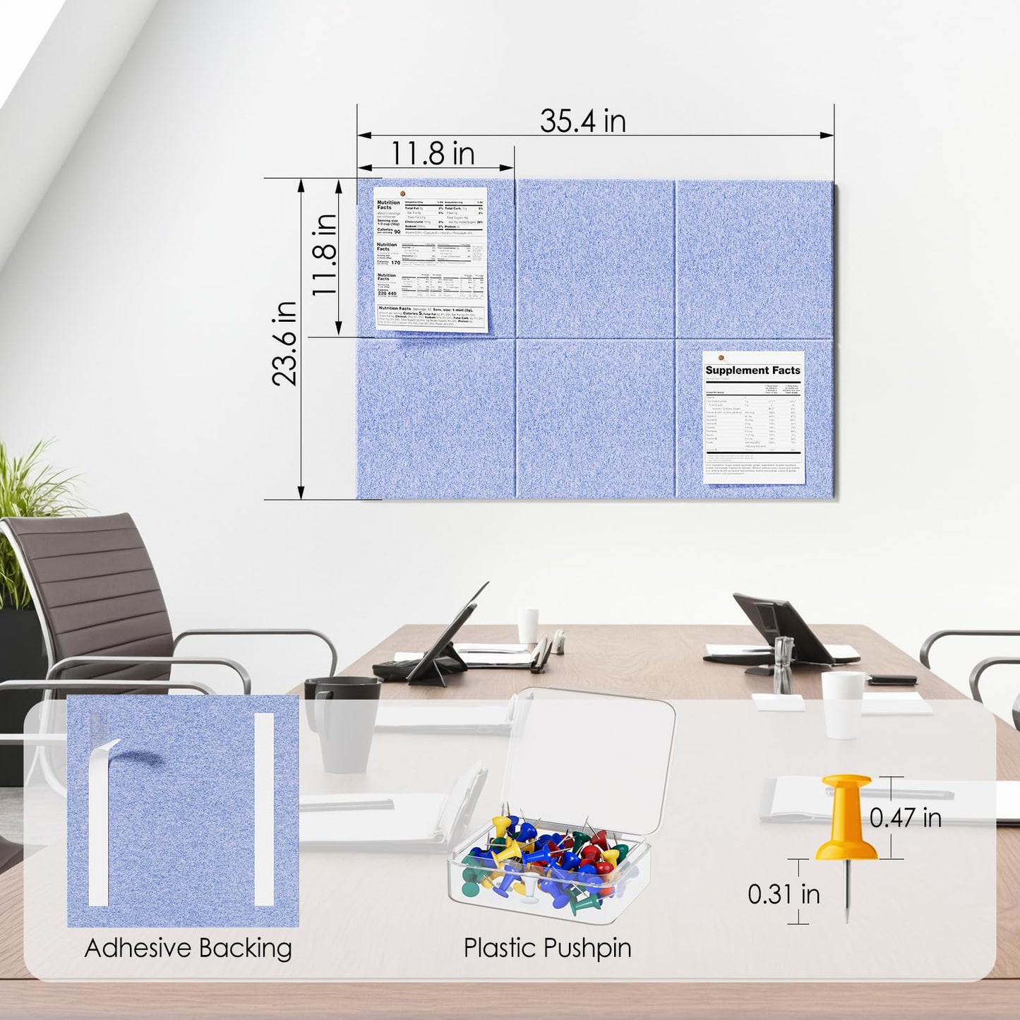 MaxGear Large Cork Board for Wall 36" x 24", Light Blue Bulletin Board, 6 Pack Felt Wall Tiles with Pushpins, Cork Boards for Office Pin Board Tack Board Cork Boards