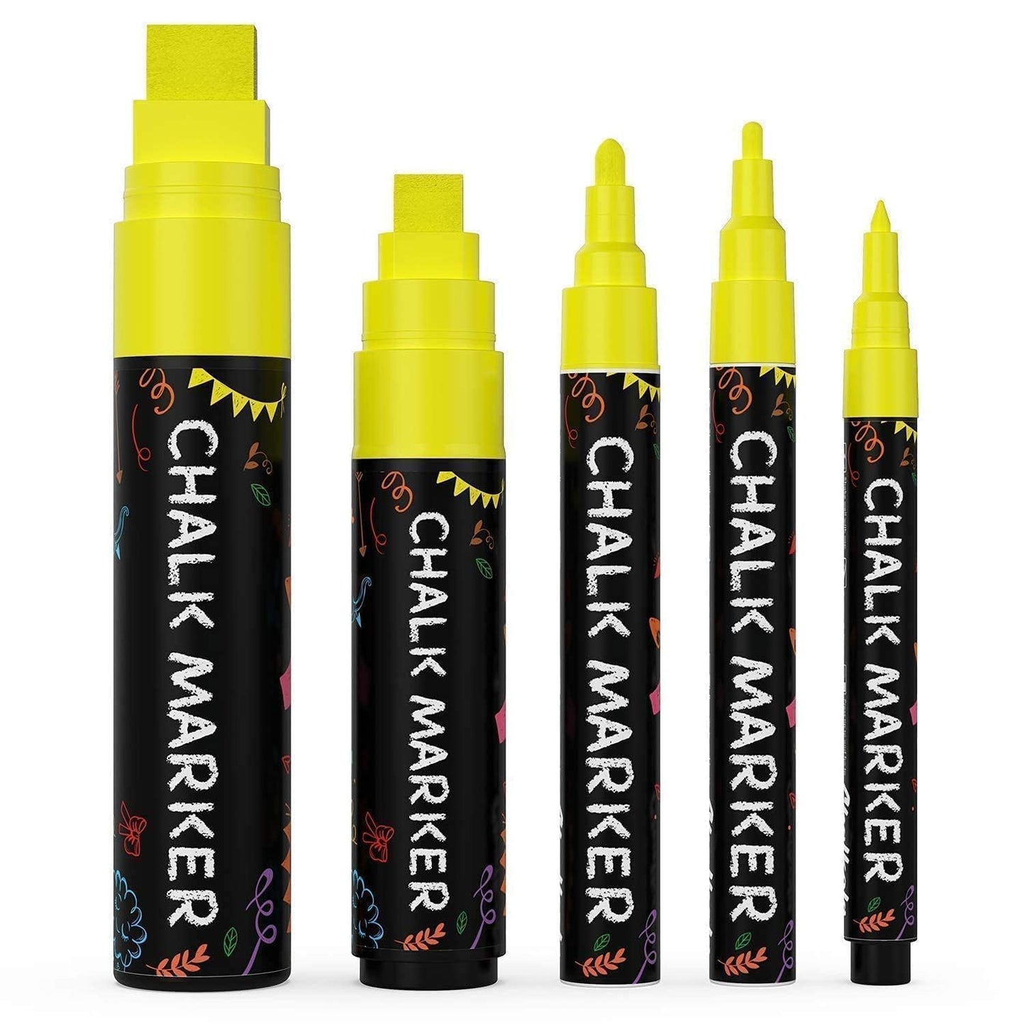 5 Yellow Chalkboard Chalk Markers - Yellow Dry Erase Markers for Blackboard, Chalkboard Signs, Windows, Glass | Variety Pack - Fine & Jumbo Size Ink Pen (1mm, 3mm, 6mm, 10mm, 15mm)