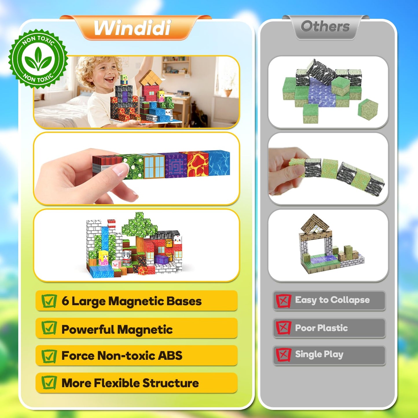 150PCS Magnetic Building Blocks - 6 Big Magnetic Base Building STEM Toys, Magnet Cube Game for Kids, Build Mine Castle Volcano World for Boys Girls Age 3-5 4-8 8-12, Sensory Outdoor Travel Toys Gifts