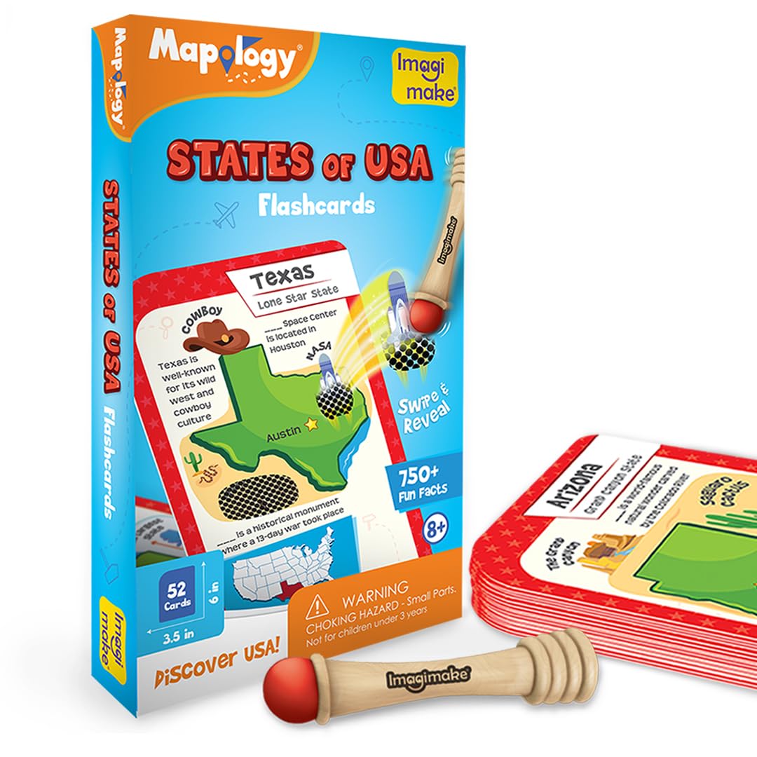 Imagimake Mapology USA Flash Cards | Learn United States Along with Flags and State Shapes | Ages 8-12 | Foam Jigsaw Puzzle, Fun Facts, Educational Toy for Kids | Gift for Christmas and Birthdays