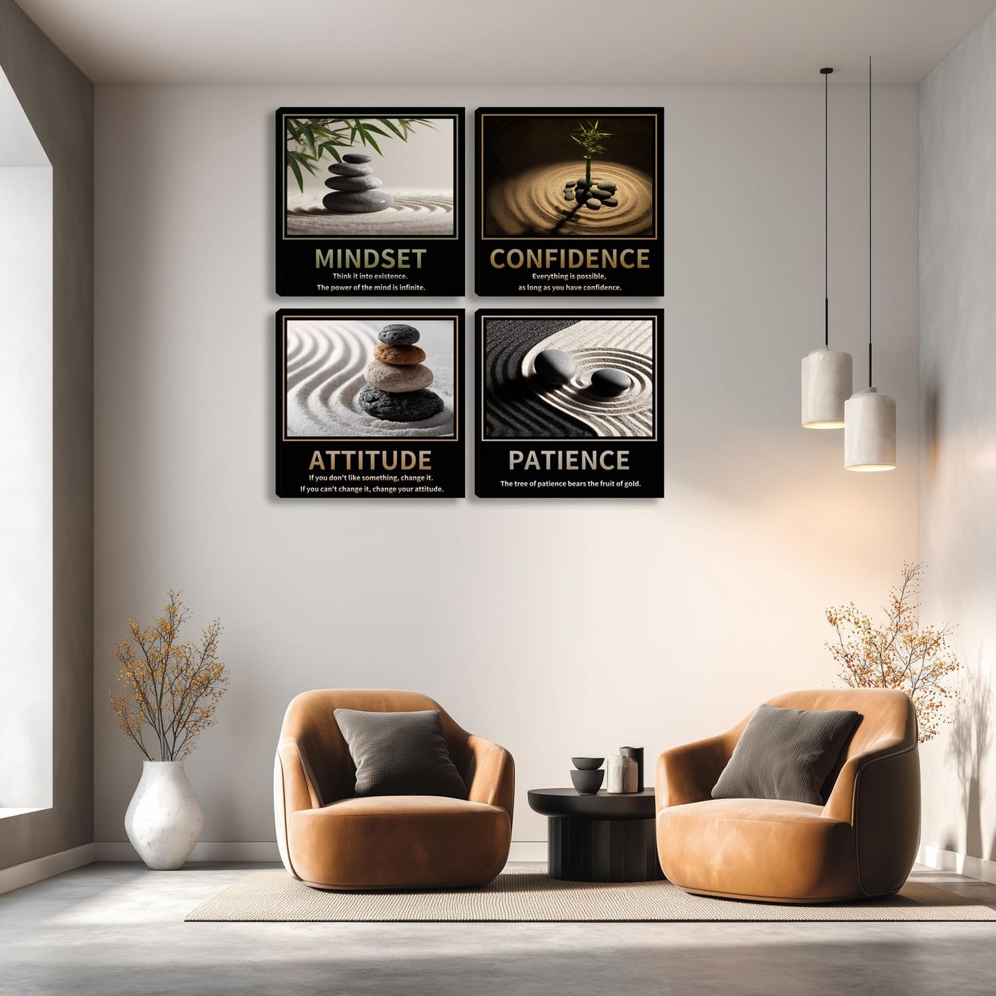 Kuiluuye Motivational Wall Decor Inspirational Zen Canvas Wall Art for Living Room Zen Stone Green Plant Picture for Office Workplace Painting Poster Artwork
