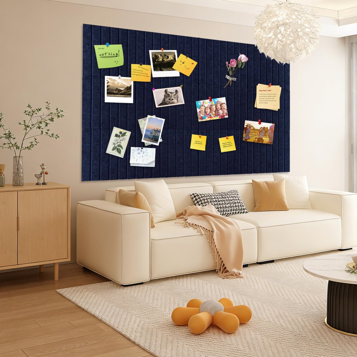 15 Pack Felt Bulletin Board, 35" x 59" Large Navy Blue Pinboard with 30 Push Pins, Felt Pin Board, Self-Adhesive Cork Board Tiles for Home, Office Walls, School Classroom Message Photos Display