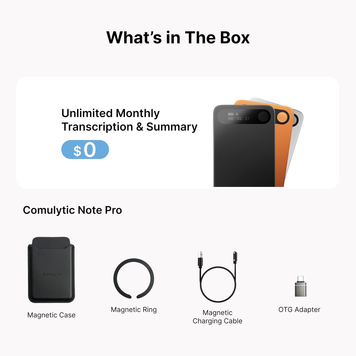 Comulytic Note Pro AI Voice Recorder, Unlimited Transcribe & Summarize, AI Note Taking Recording Device w/Case, App Control, 113 Languages for Calls, Meetings, Lectures, Interviews, Silver