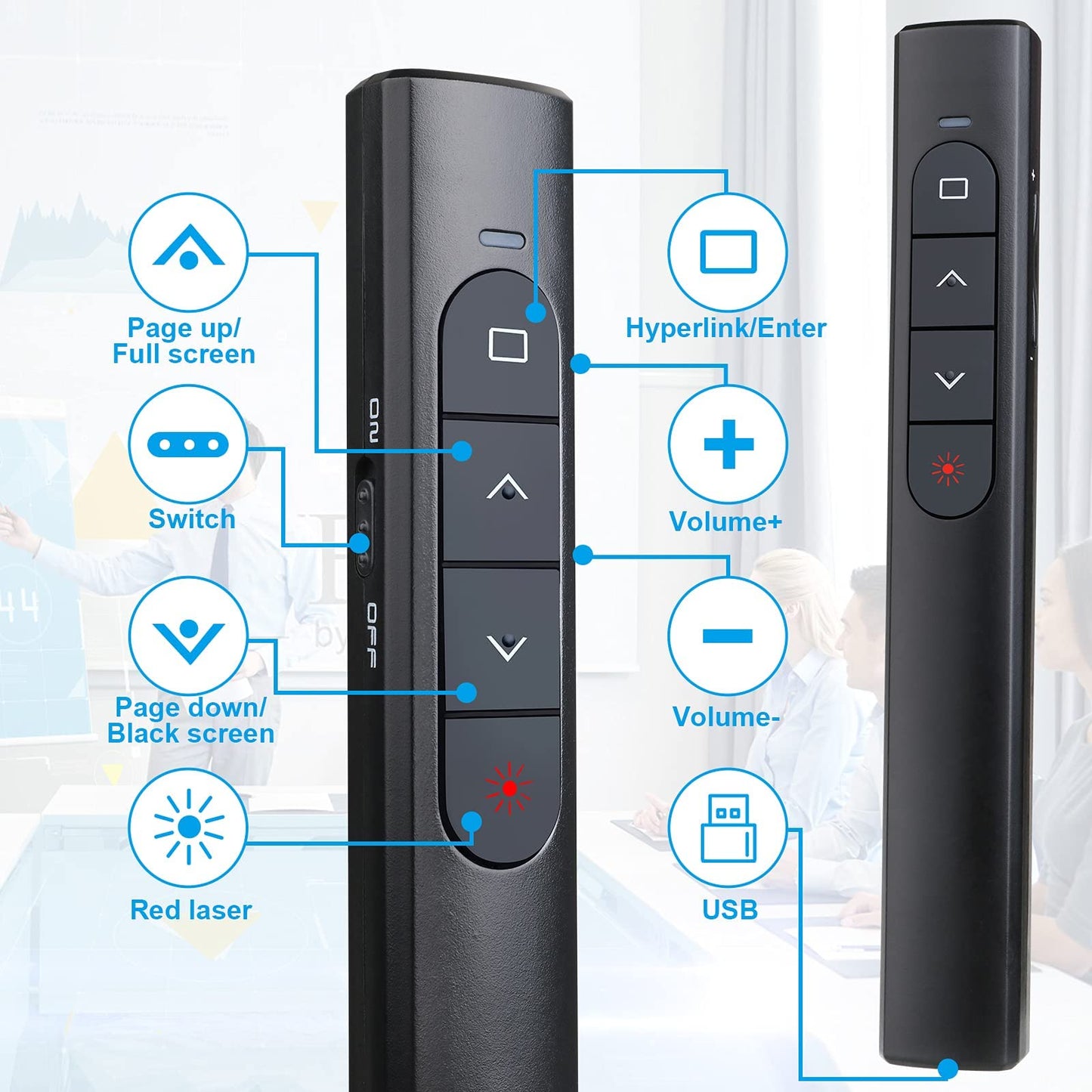 (2 Units) Wireless Presenter Remote, Presentation Clicker with Hyperlink & Volume Remote Control PowerPoint Office Presentation Clicker for Keynote/PPT/Mac/PC/Laptop