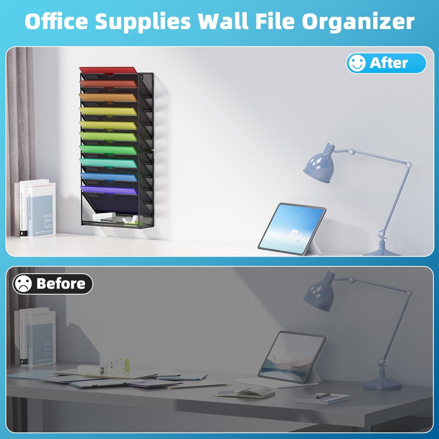 Marbrasse Wall File Holder 11-Tier Hanging Wall File Organizer, for Papers, Files Clipboard & Magazine Organizer, Wall Mount File Holder Great for Office Home (Black)