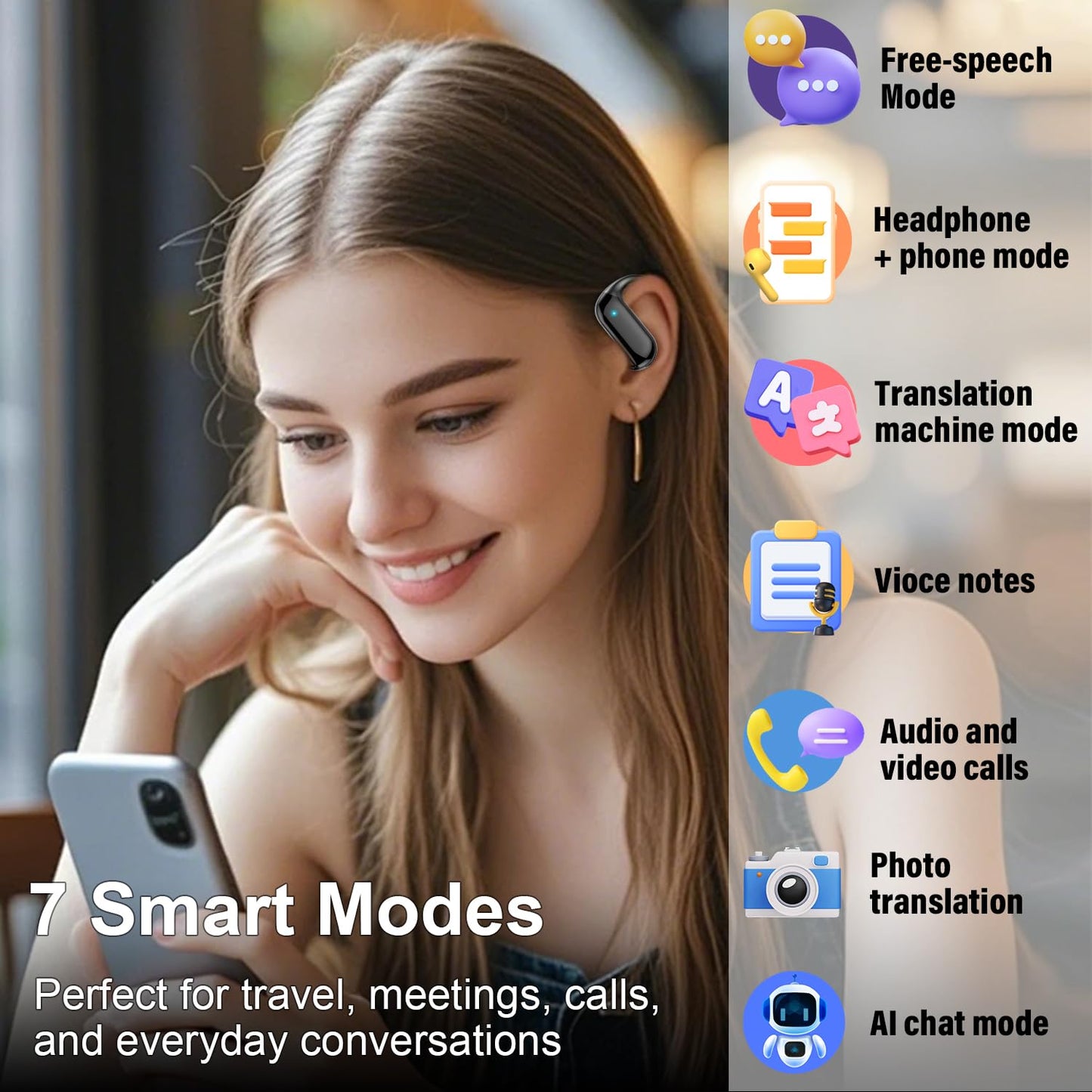 Ai Translation Earbuds Real Time,164 Languages Translator Earbuds with 6 Translation Modes/No Subscription,Audio and Video Calls Translator Headphones,Audifonos Traductores Inglés Español, Coal Black
