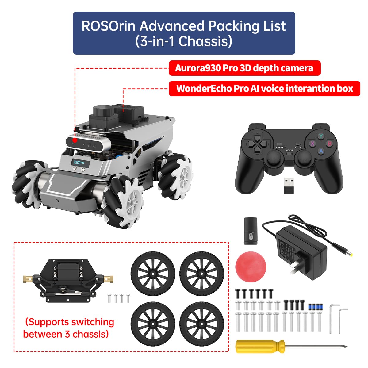 HIWONDER ROS2 Robot Car for Jetson RPi Gemini ChatGPT Large AI Models Depth Camera SLAM Mapping Autonomous Driving Programming Education 3-in-1 Chassis Car, ROSOrin Advanced Kit & Jetson Orin NX 8G