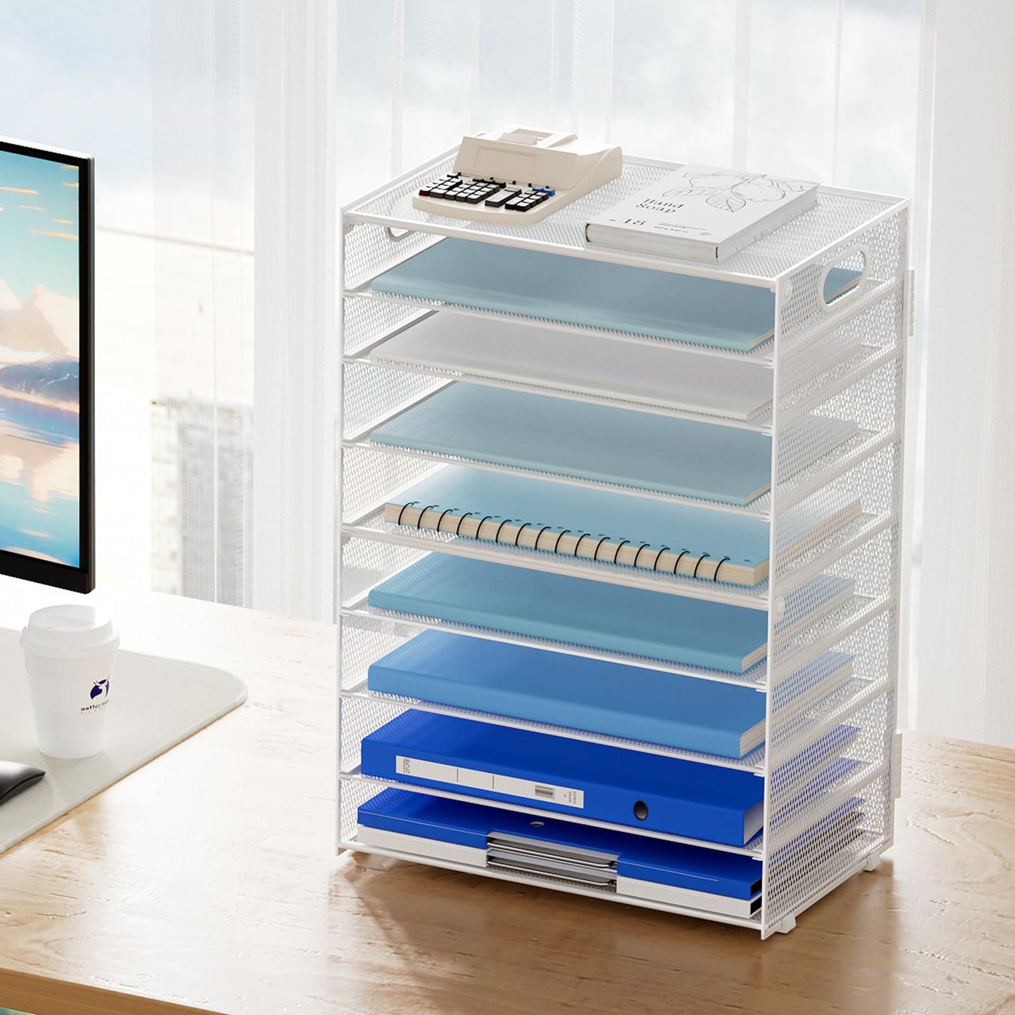 Marbrasse Paper Organizer Letter Tray, 9 Tier Mesh File Organizer with Handle, Paper Sorter Desk Organizer for Home Office Supplies - White