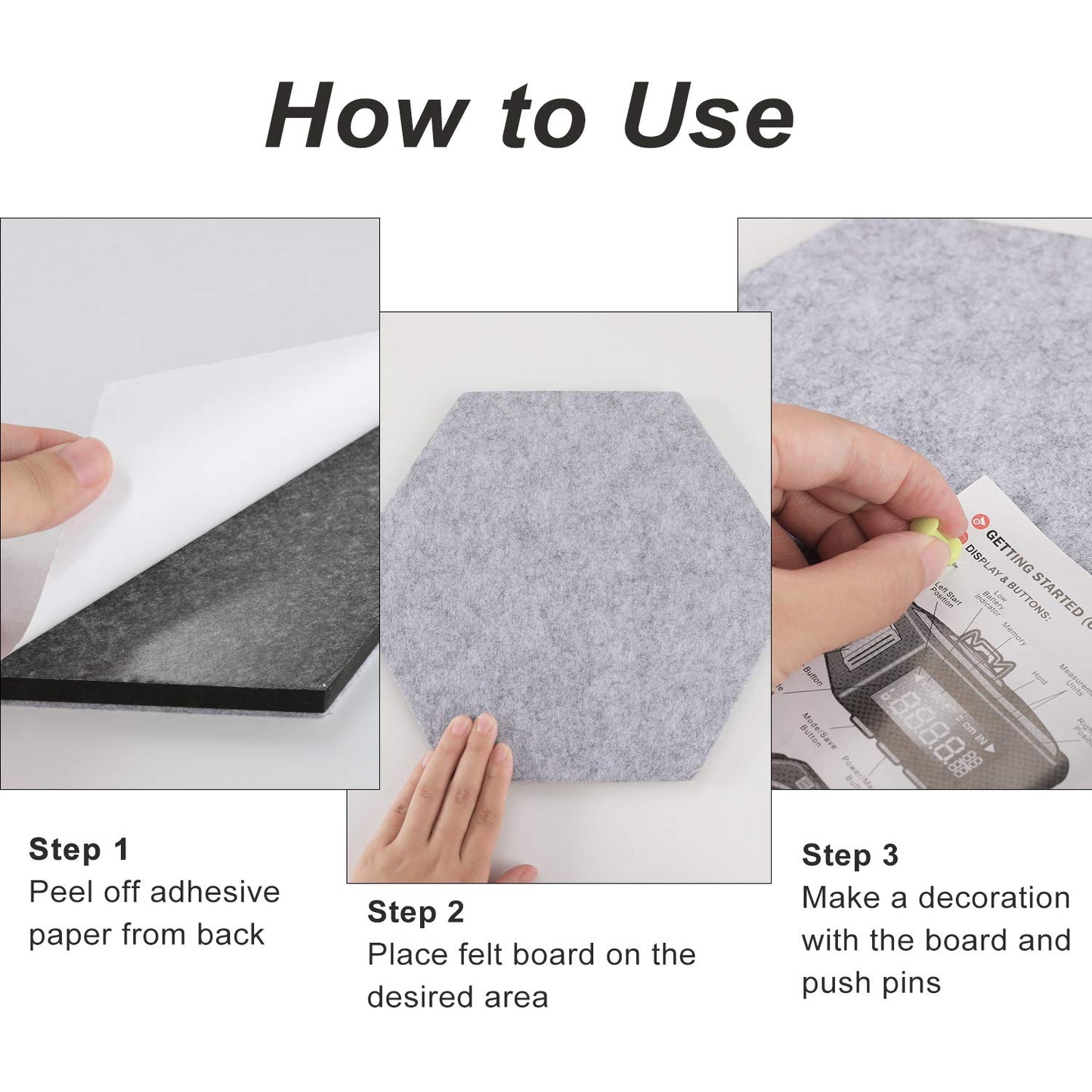 SEG Direct Hexagon Felt Bulletin Board, Large Felt Pin Board Self Adhesive Cork Board for Walls with Push Pins for Wall Office Home School Decor, 11.8 x 10.2 in, 5PCS(Gray/Teal/Yellow)